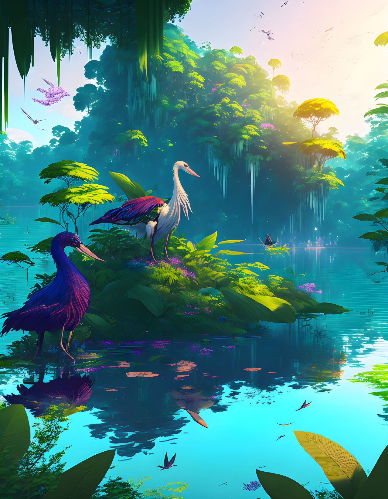 Colorful Tropical Forest Digital Artwork with Birds and Vines