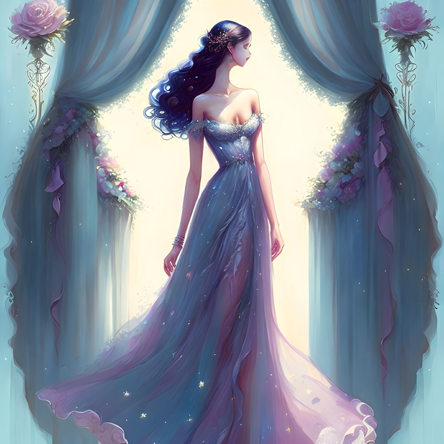 Illustrated woman in sparkly gown between flower columns in mystical background