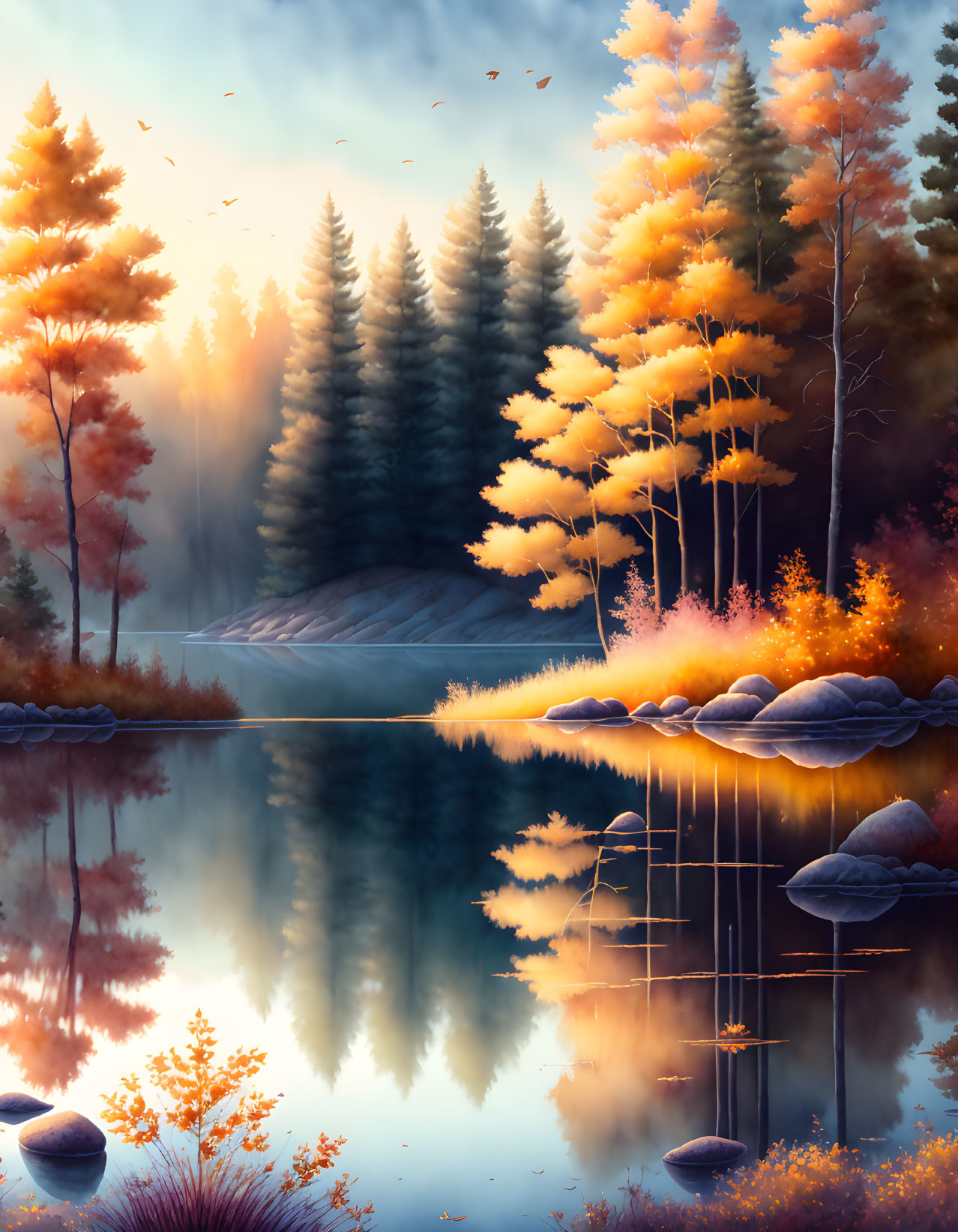 Tranquil autumn lake scene with misty atmosphere