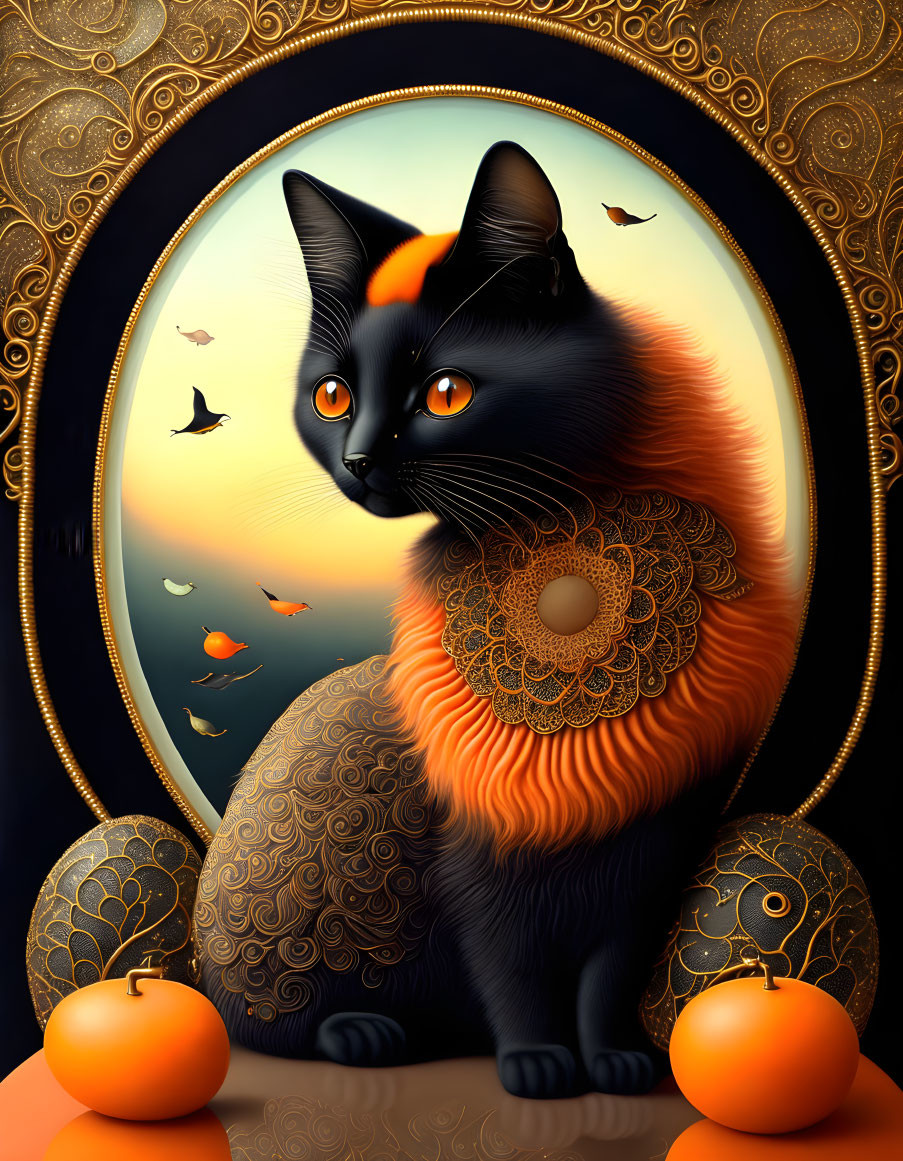 Stylized black cat with orange eyes and ornate mirror reflection in sunset scene