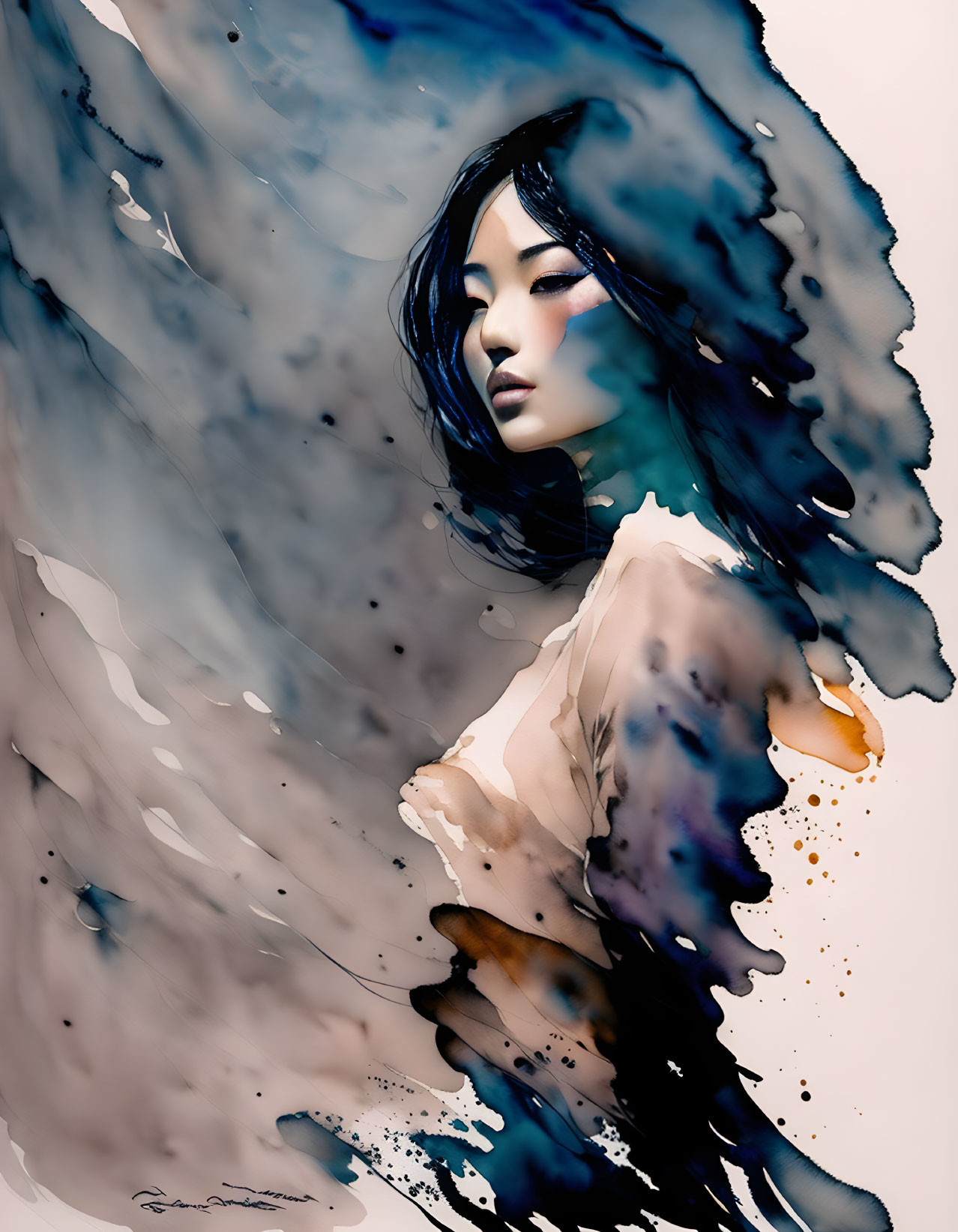 Ethereal woman with dark hair in watercolor style