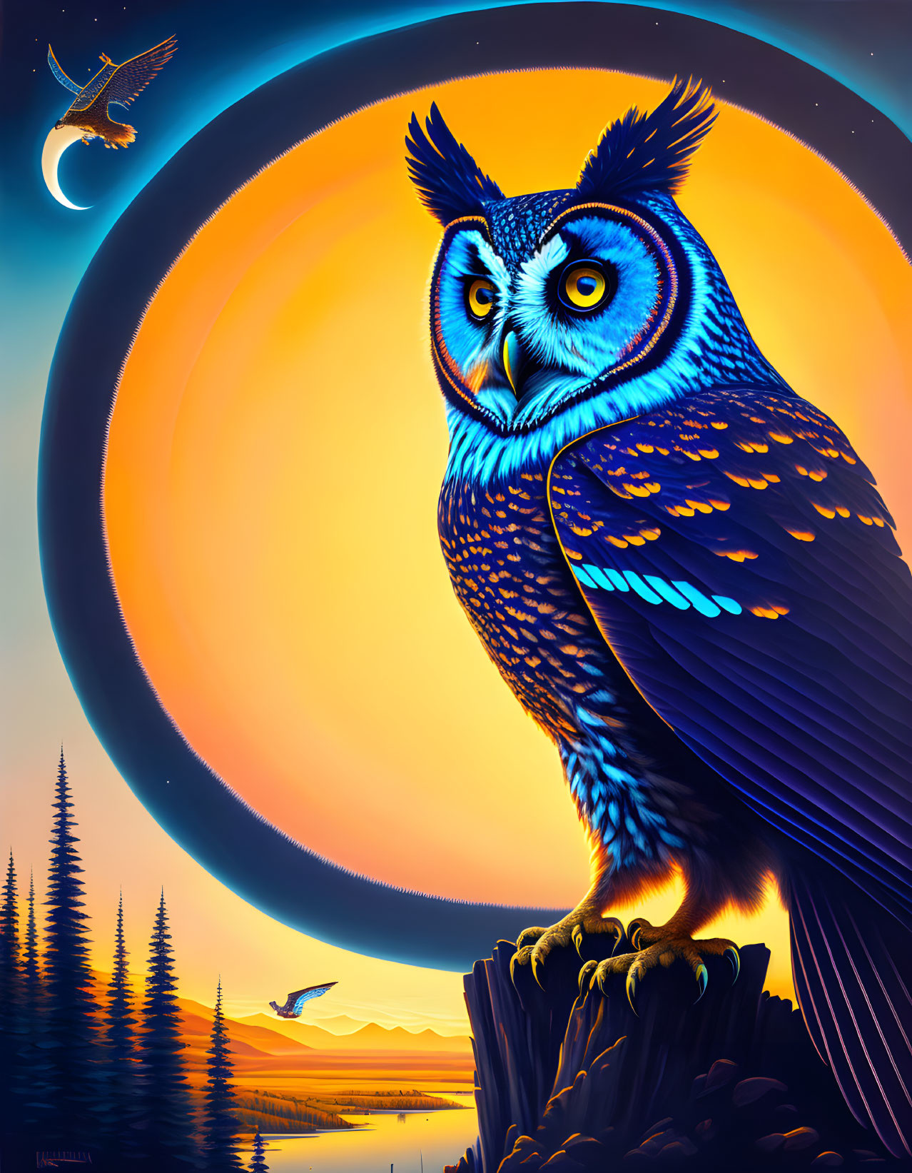 Colorful owl illustration on stump at sunset with crescent moon and flying bird in forest.