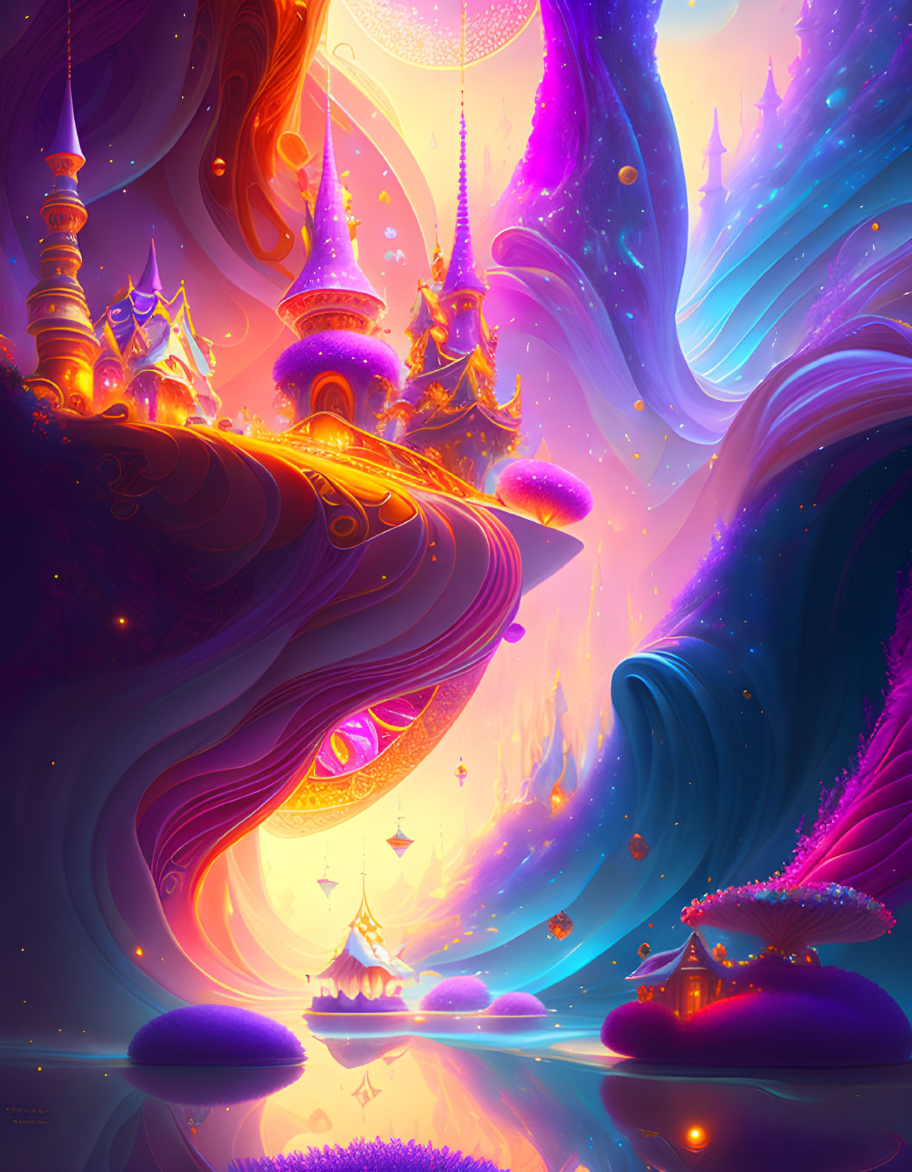 Fantasy landscape with swirling purple and blue hues, whimsical architecture, floating islands, and glowing flora