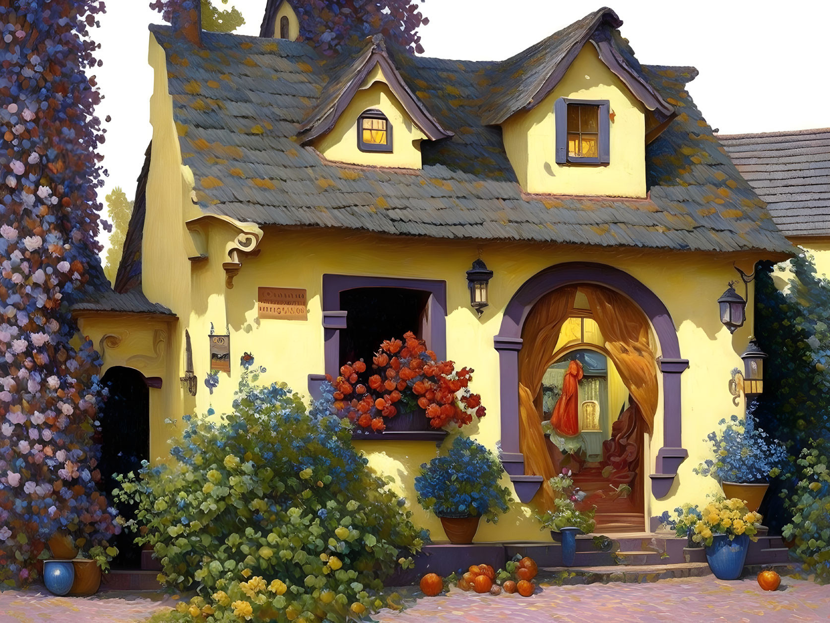 Charming yellow cottage with thatched roof and floral surroundings