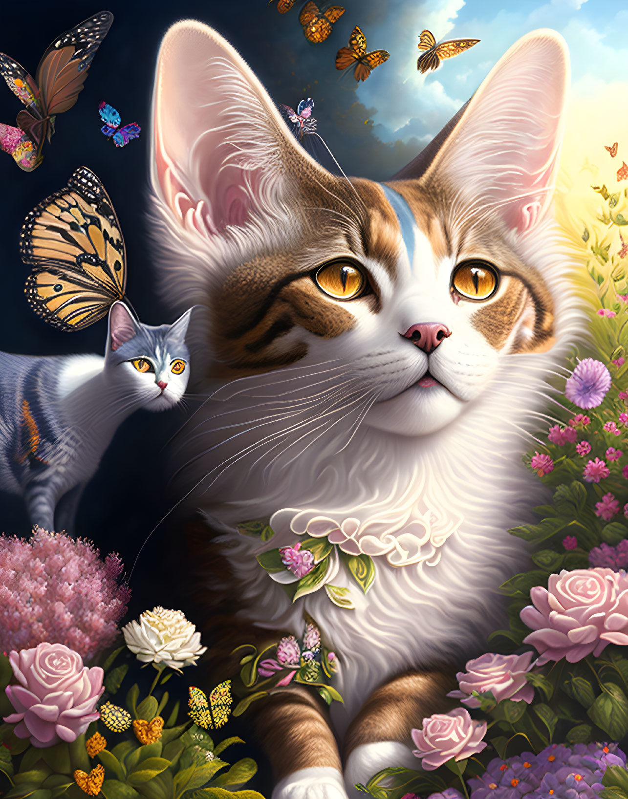 Detailed Fantasy Cat Artwork with Butterflies and Flowers