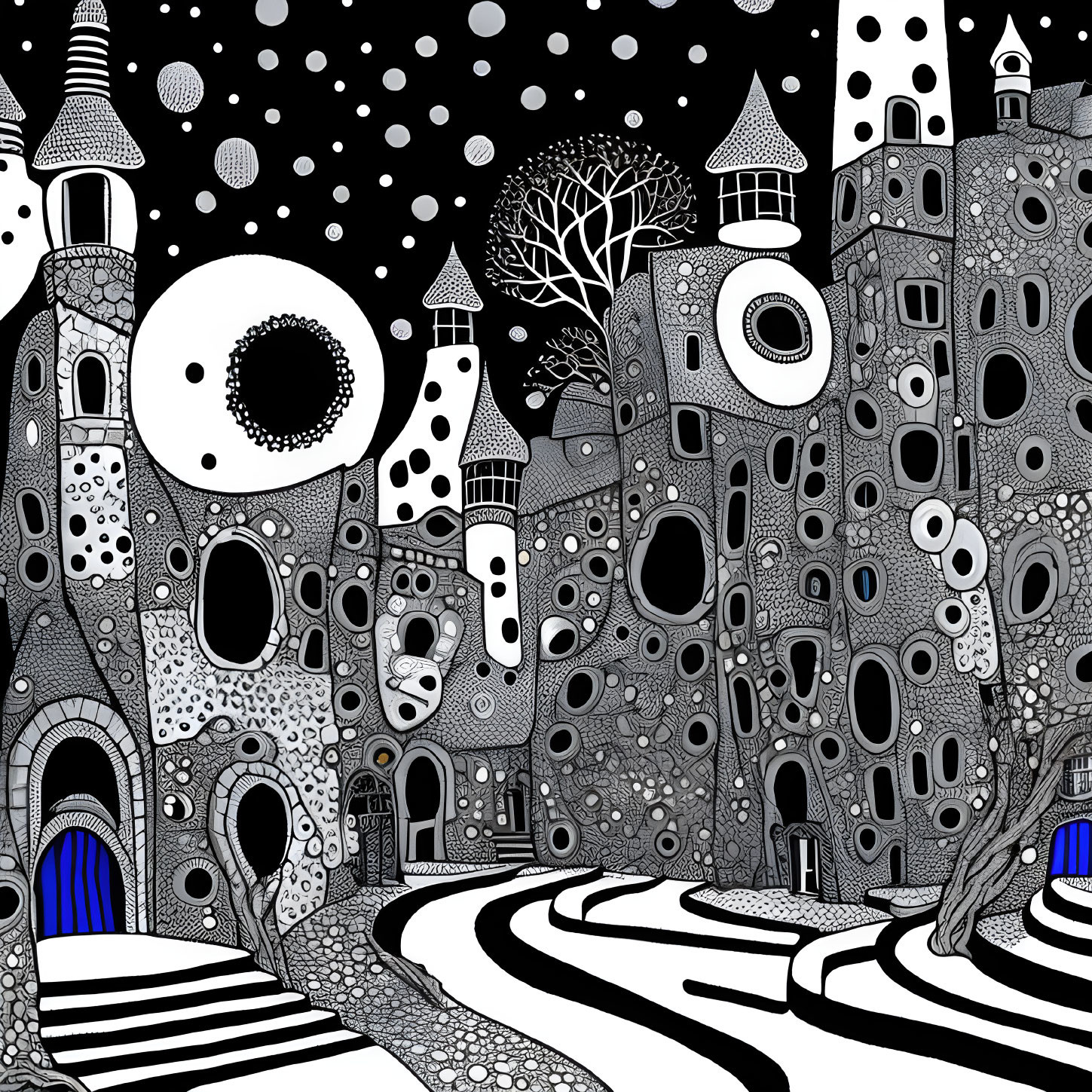 Monochrome drawing of whimsical cityscape with circular patterns and striped pathways