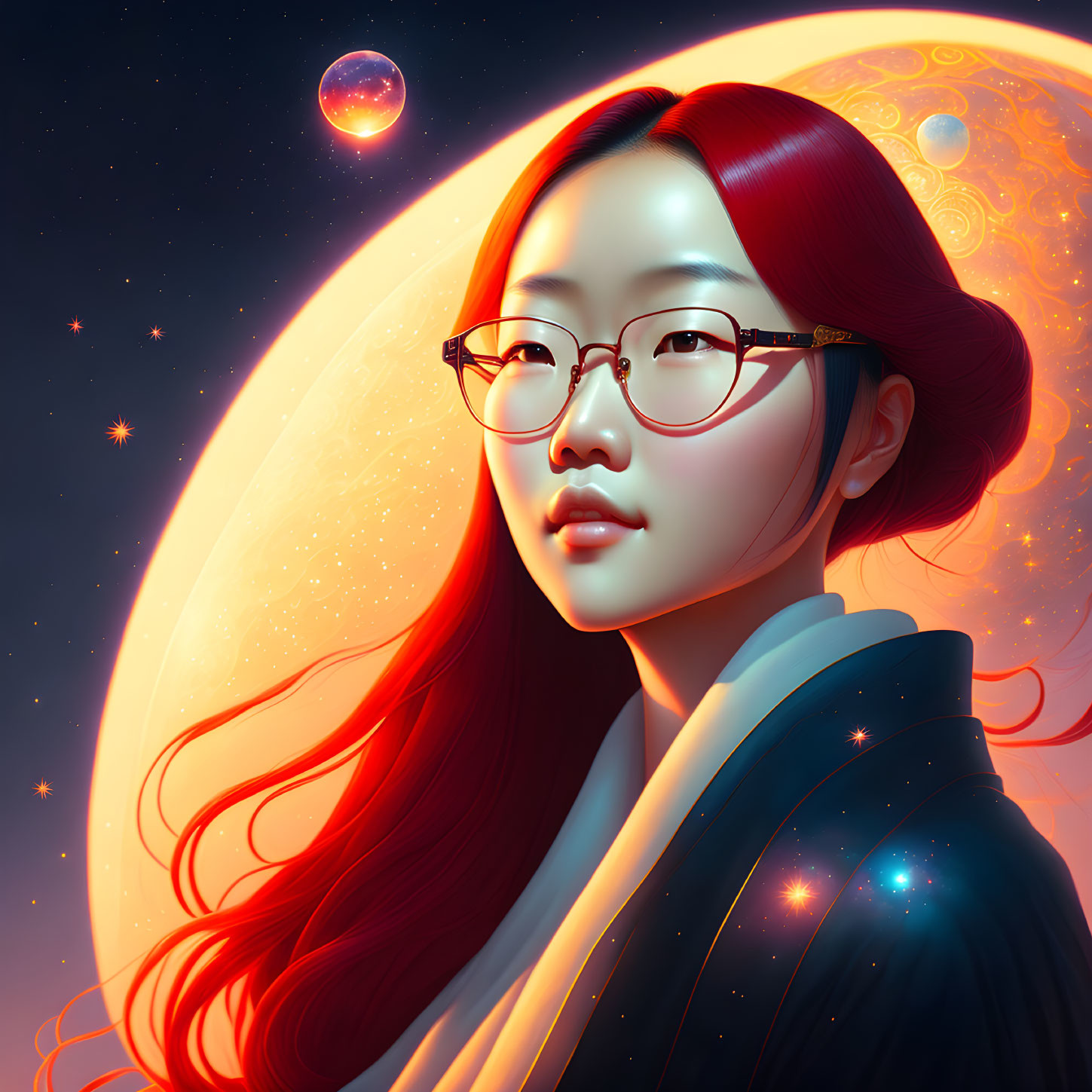 Young woman with red hair and glasses in cosmic background.