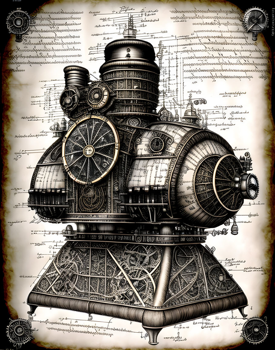 Detailed Steampunk Machine Illustration with Gears and Vintage Aesthetic