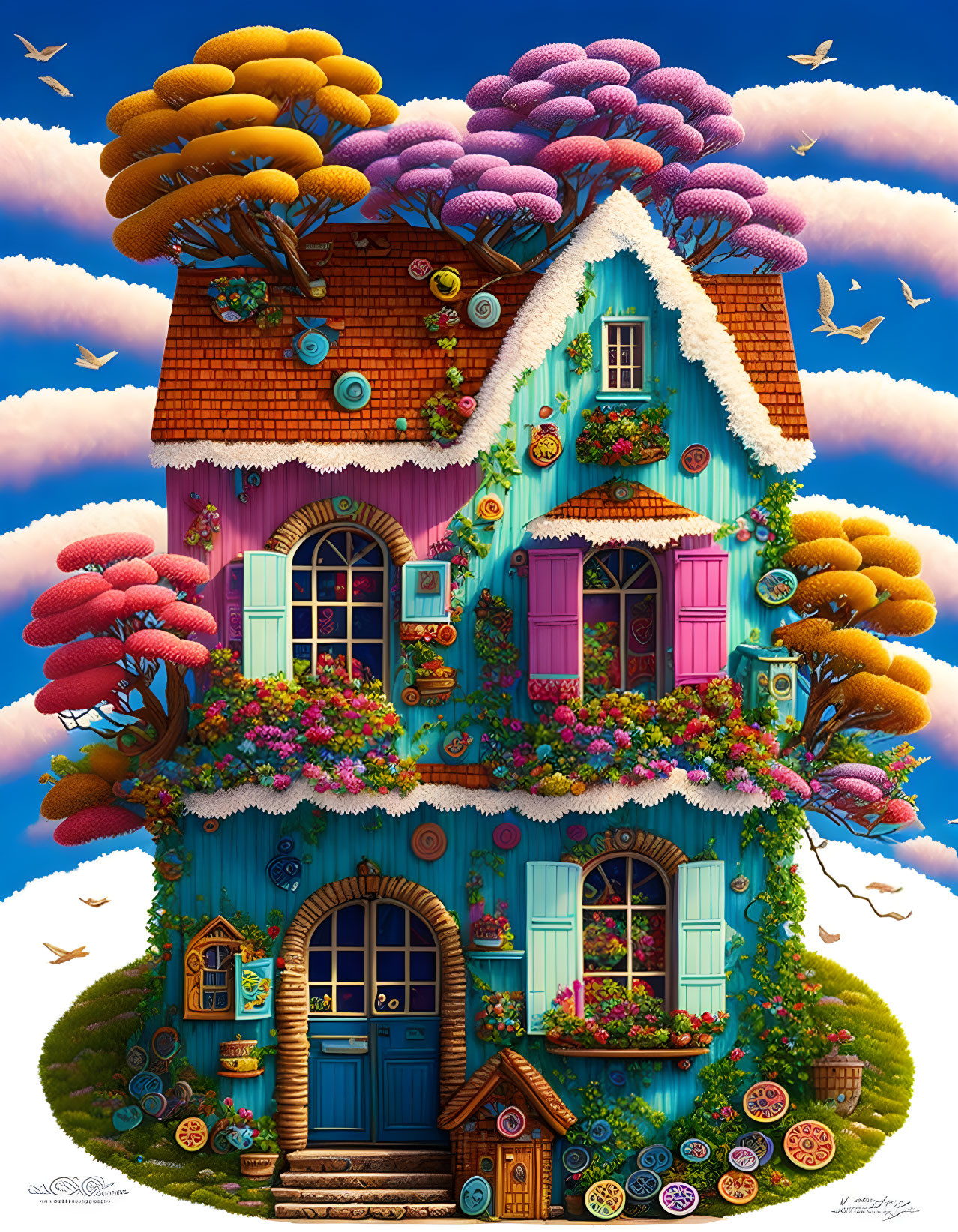 Colorful fantasy illustration of whimsical house and nature scene