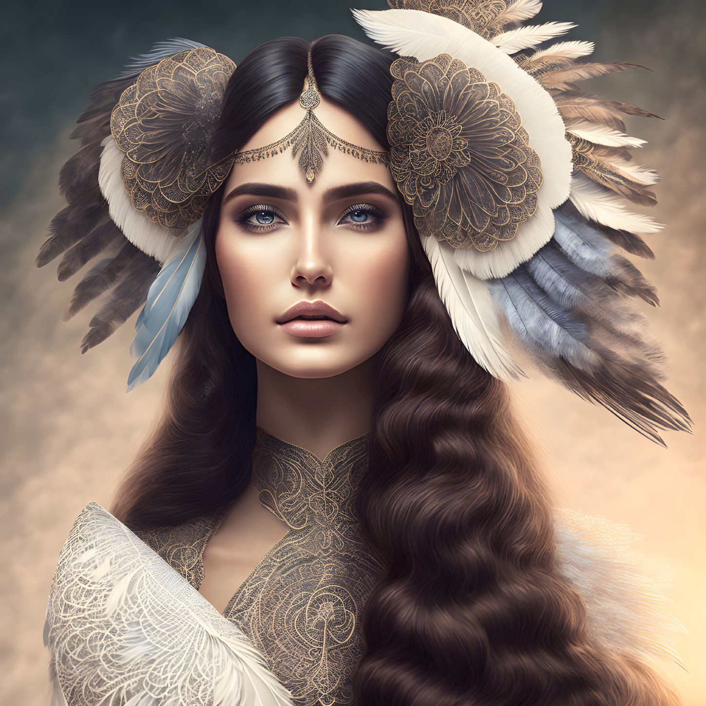 Detailed digital portrait of woman with flowing hair and lace attire on muted background