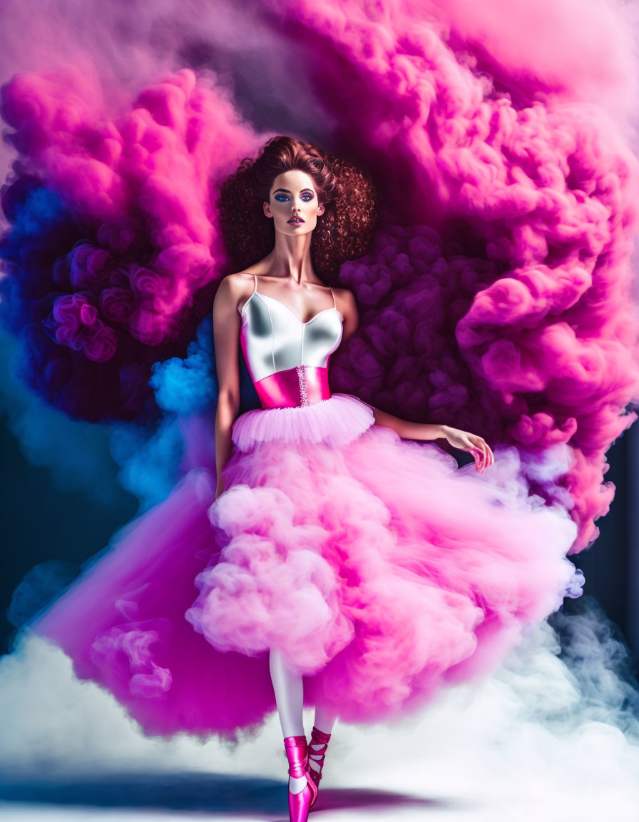 Model in Pink and White Ballet Outfit with Tutu and Pointe Shoes in Dramatic Pink Smoke