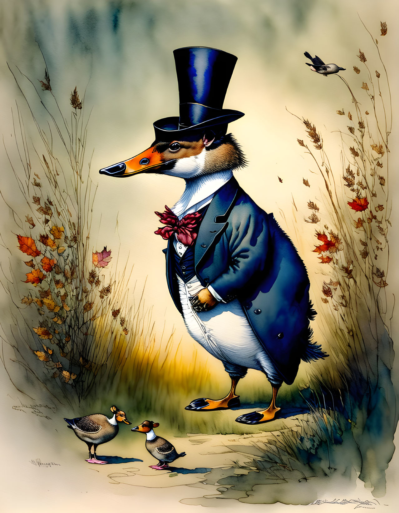 Anthropomorphic fox in elegant attire with ducks in reeds