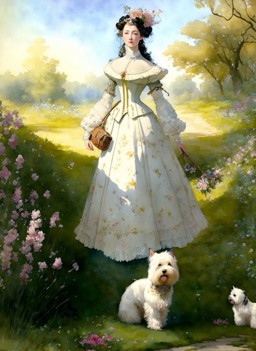 Woman in Vintage White Dress with Floral Patterns in Sunlit Meadow with Blooming Flowers and White Dogs