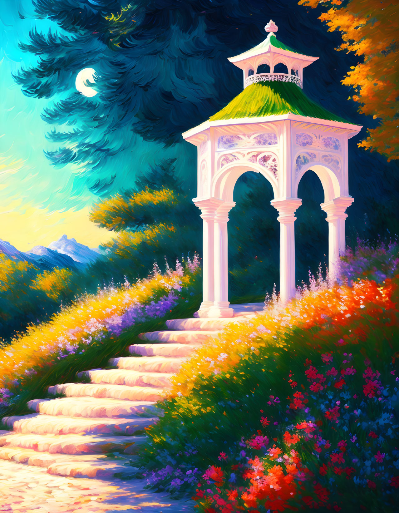 Twilight scene: Gazebo on floral staircase under crescent moon