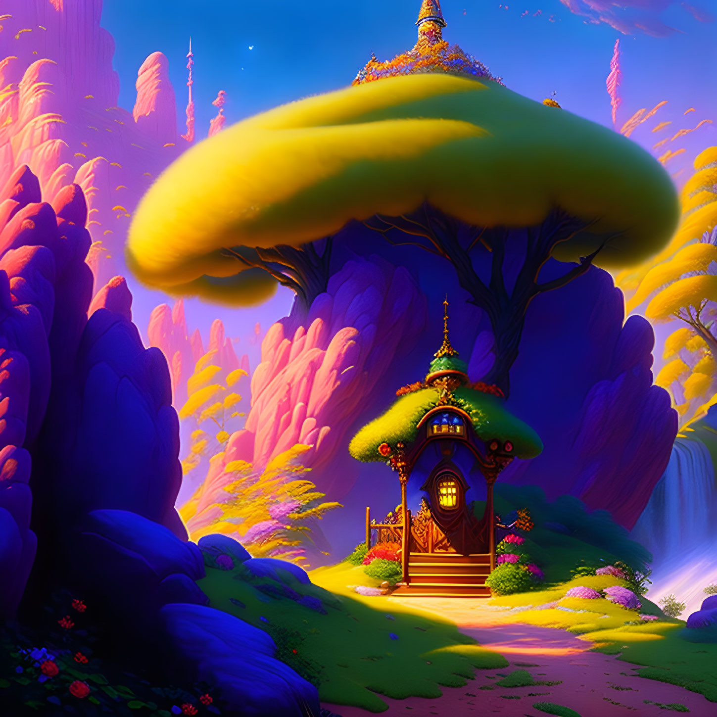 Vibrant animated landscape with whimsical treehouse and waterfall