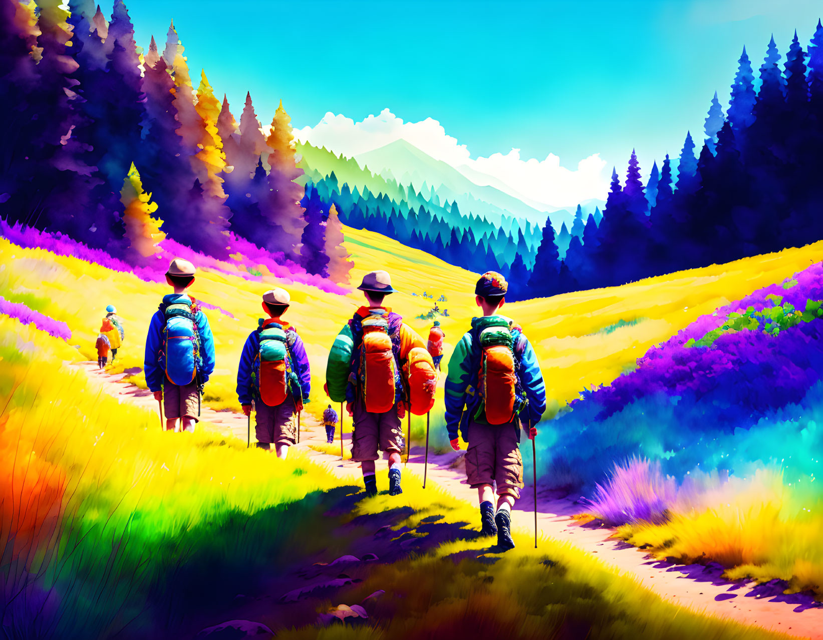 Colorful illustration: Hikers with backpacks in vibrant landscape