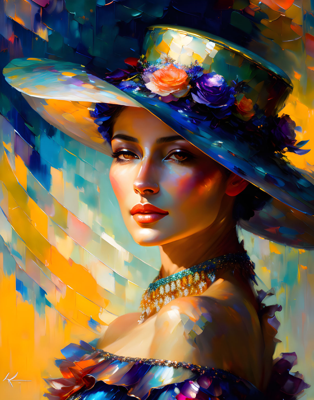 Colorful portrait of a woman in floral hat with bold brushstrokes