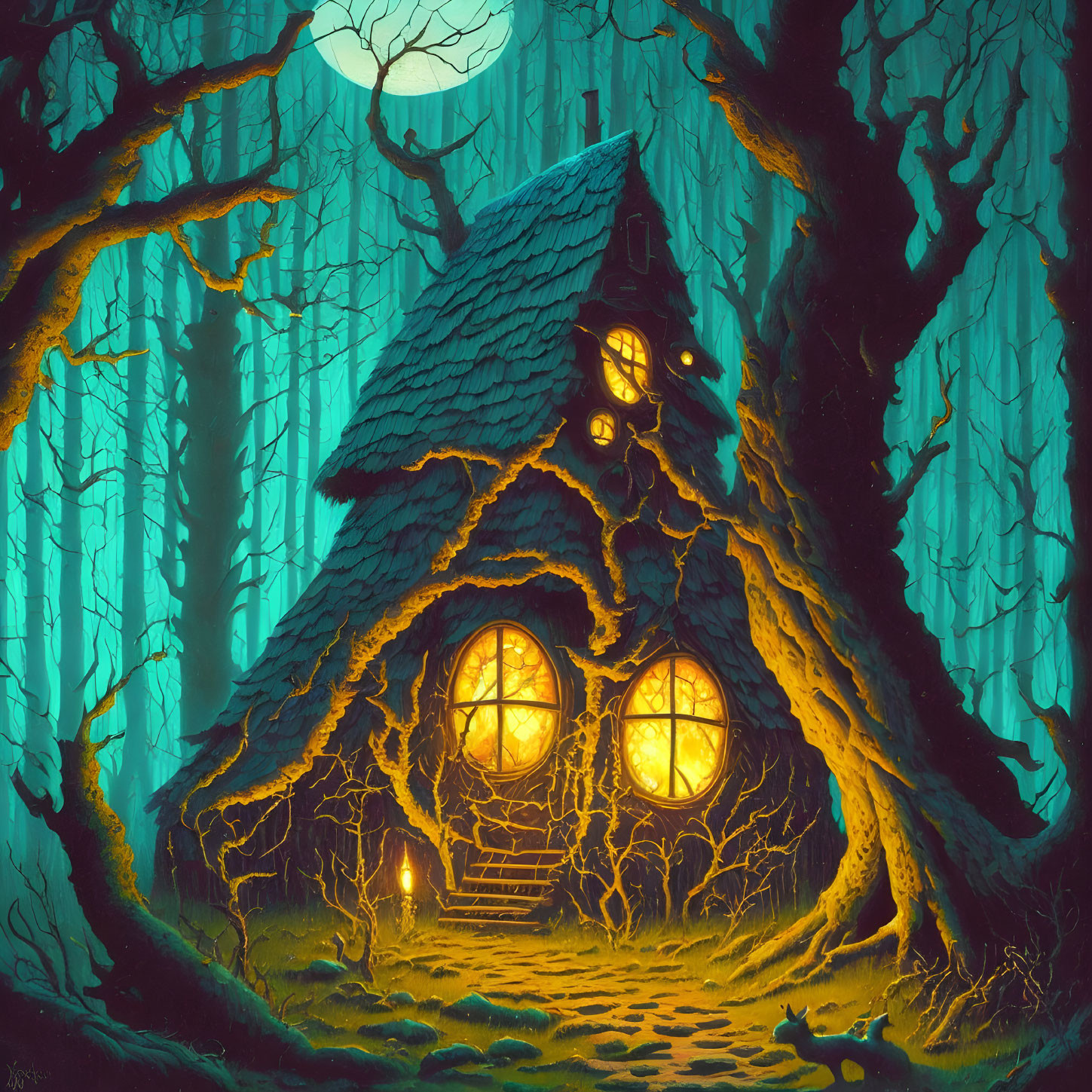 Enchanting Cottage in Tree Glowing Under Full Moon