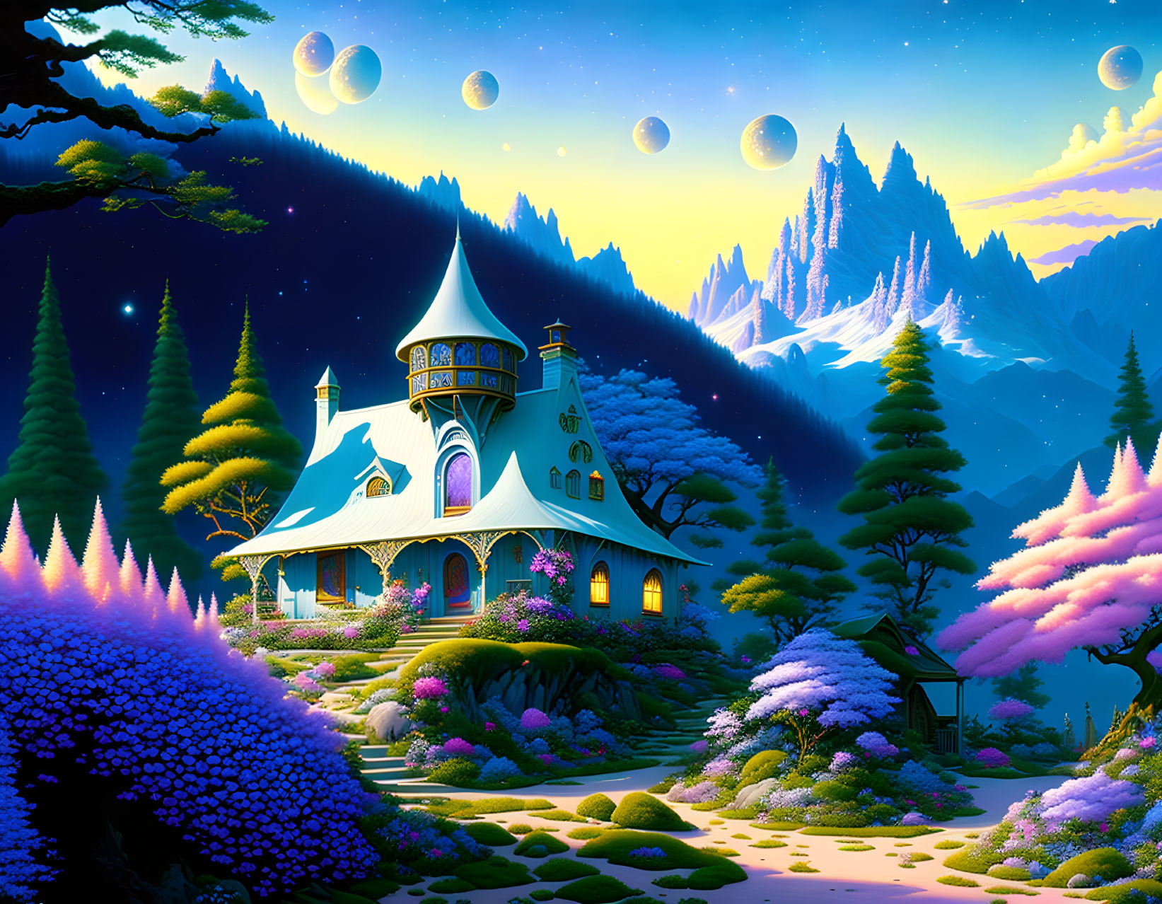 Fantasy landscape with whimsical house, pink trees, purple flora, multiple moons.