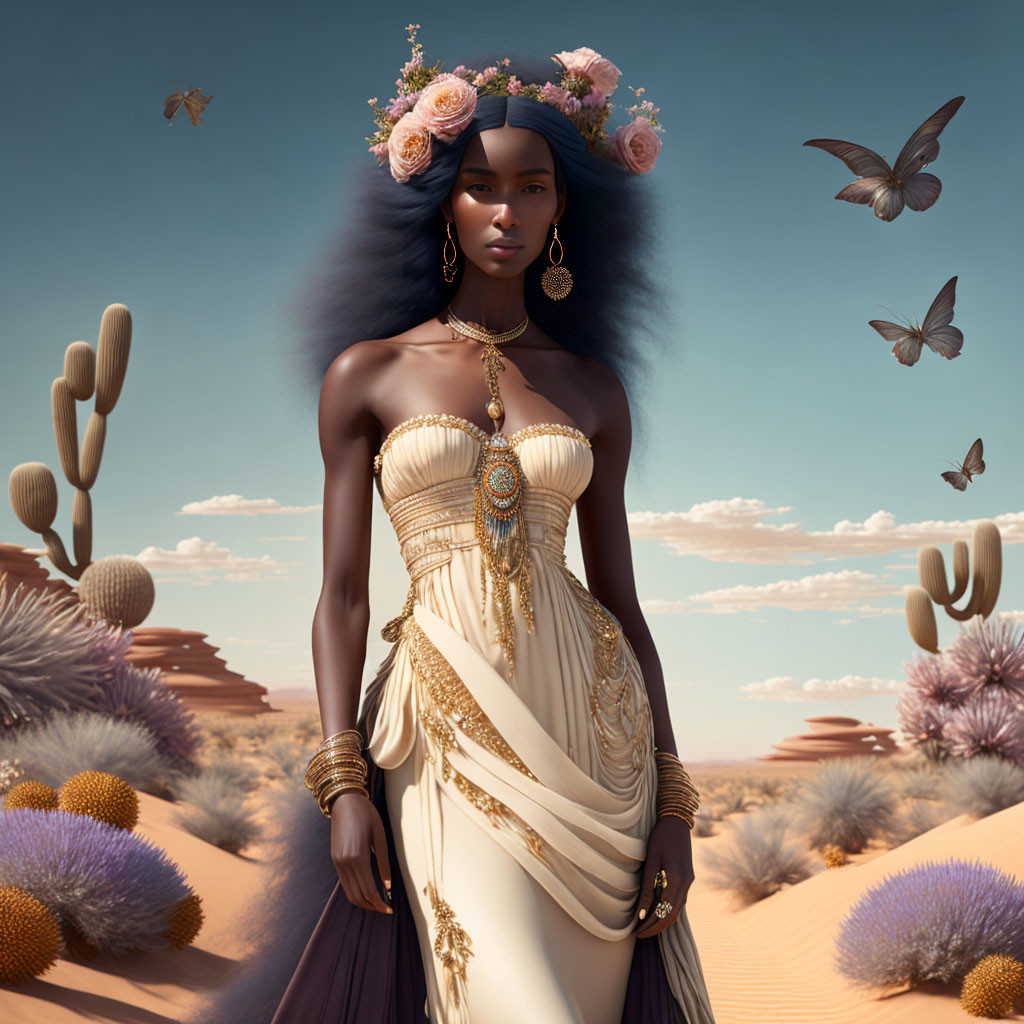 Digital artwork: Woman in desert with gold and white dress, flowers in hair, butterflies.