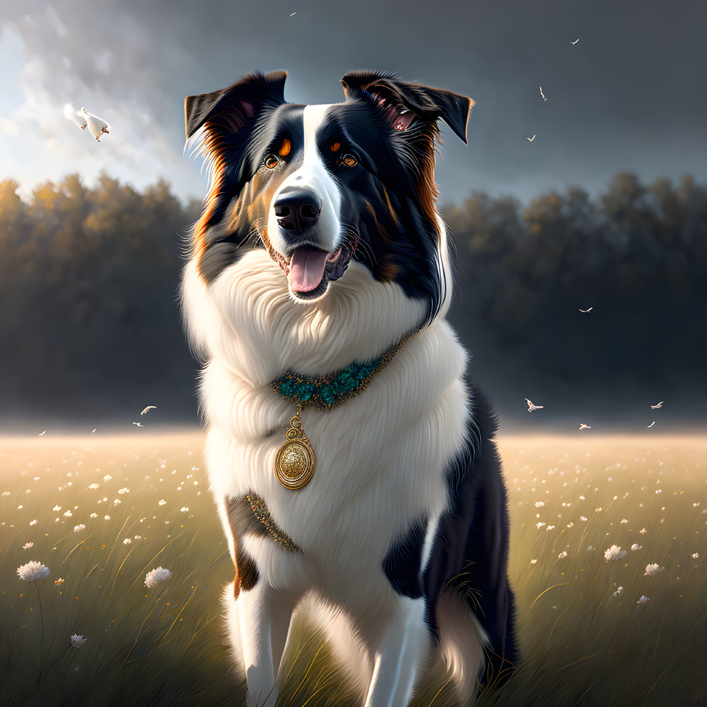 Smiling Border Collie with golden pendant in sunlit field with butterflies, daisies, and