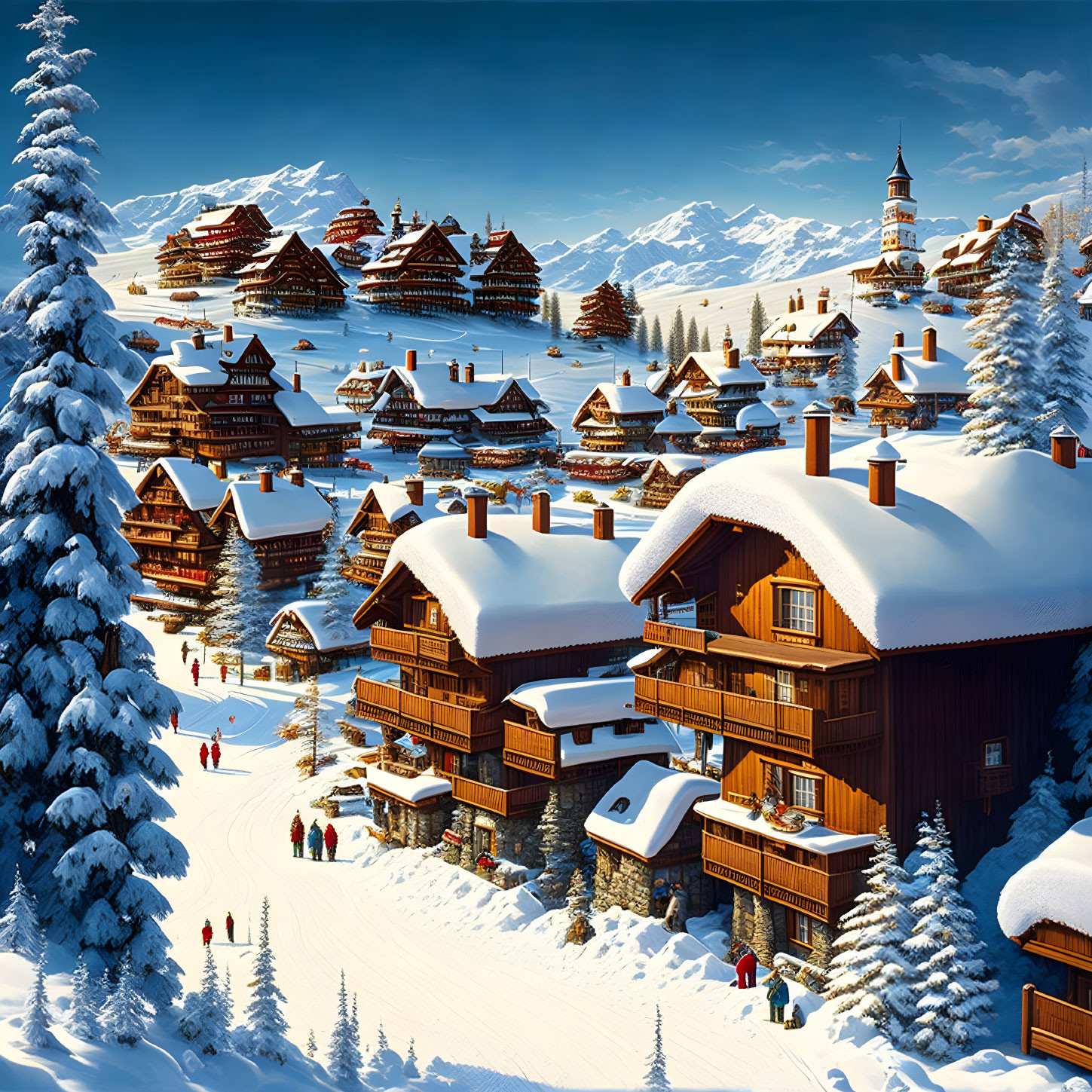 Picturesque Snow-Covered Chalets in Mountain Village