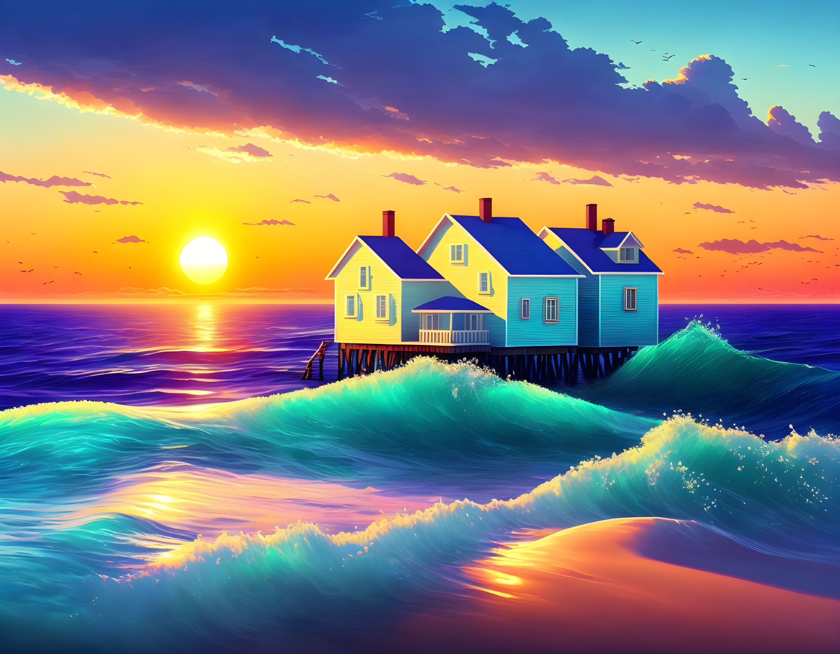 Pastel-Colored Houses on Stilts Over Ocean Waves at Sunset