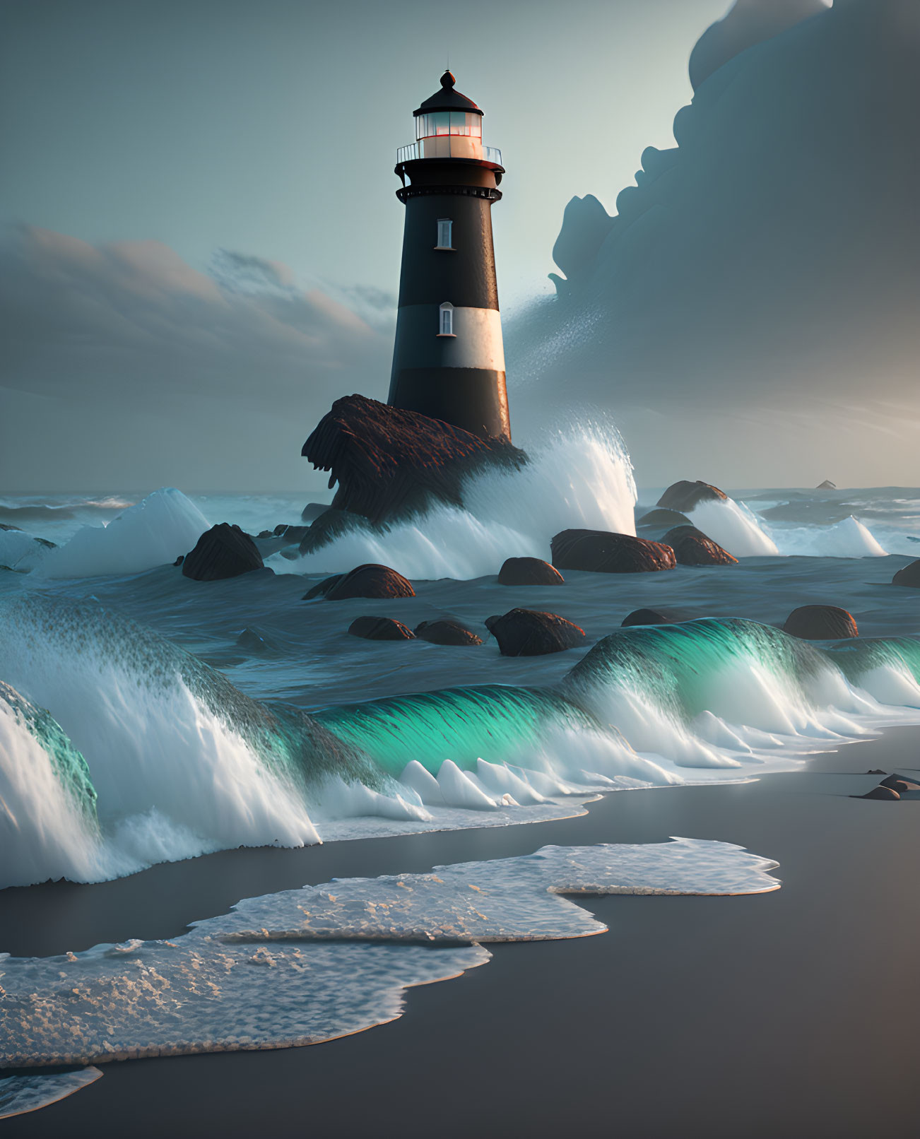 Lighthouse on rocky shore with crashing waves under sunlight