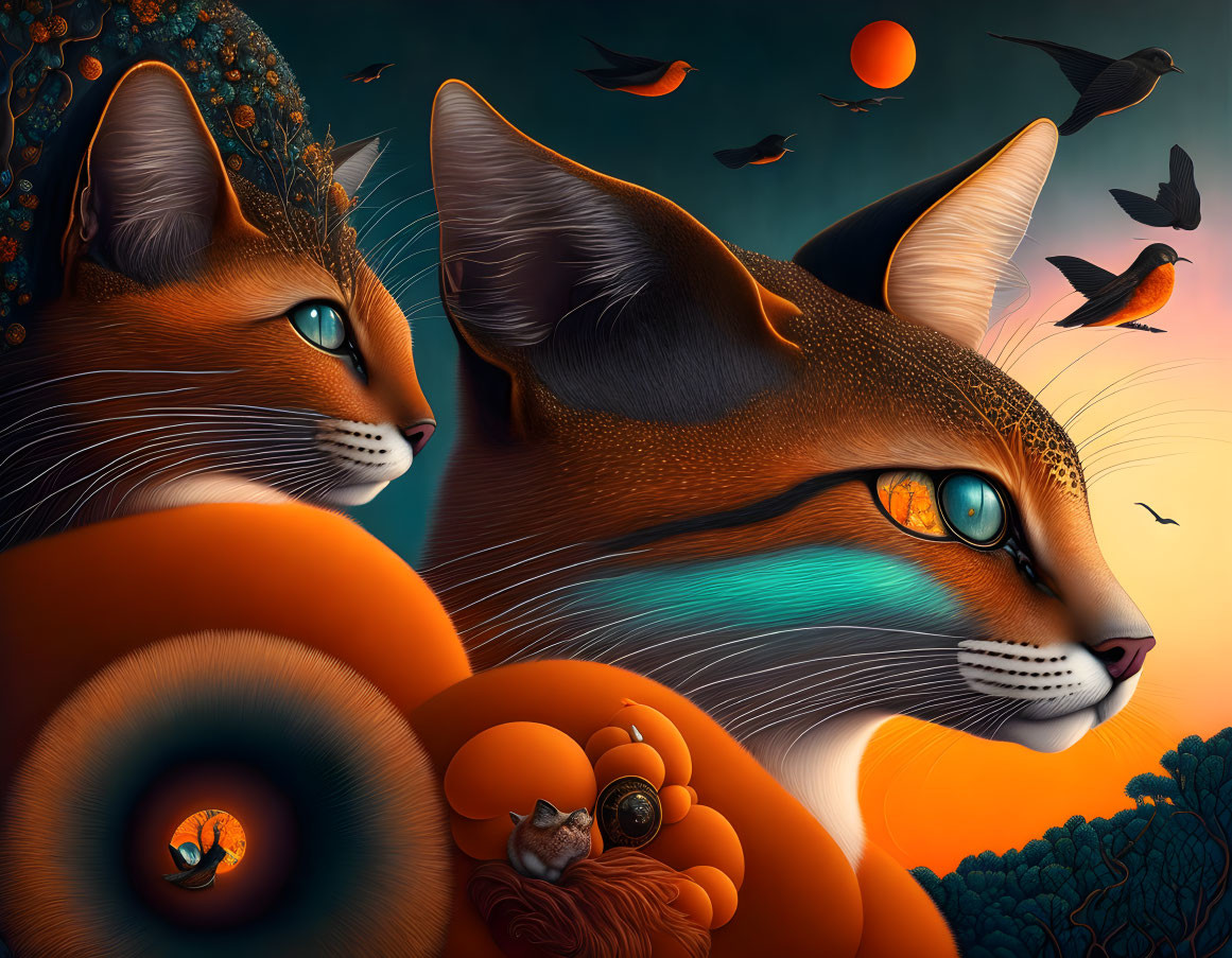 Majestic stylized cats with intricate patterns in fantasy setting