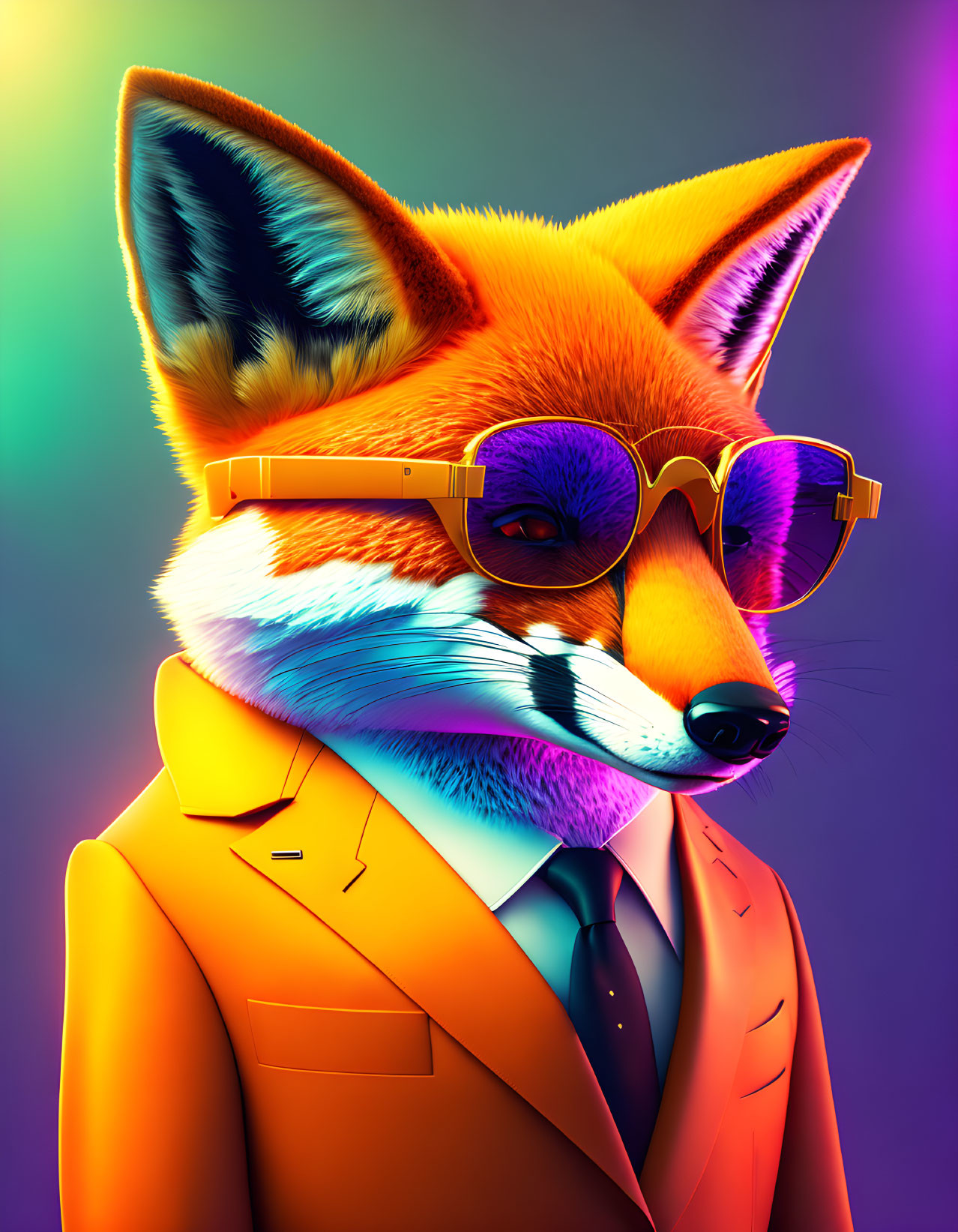 Fox in Orange Suit with Tie and Glasses on Neon Background