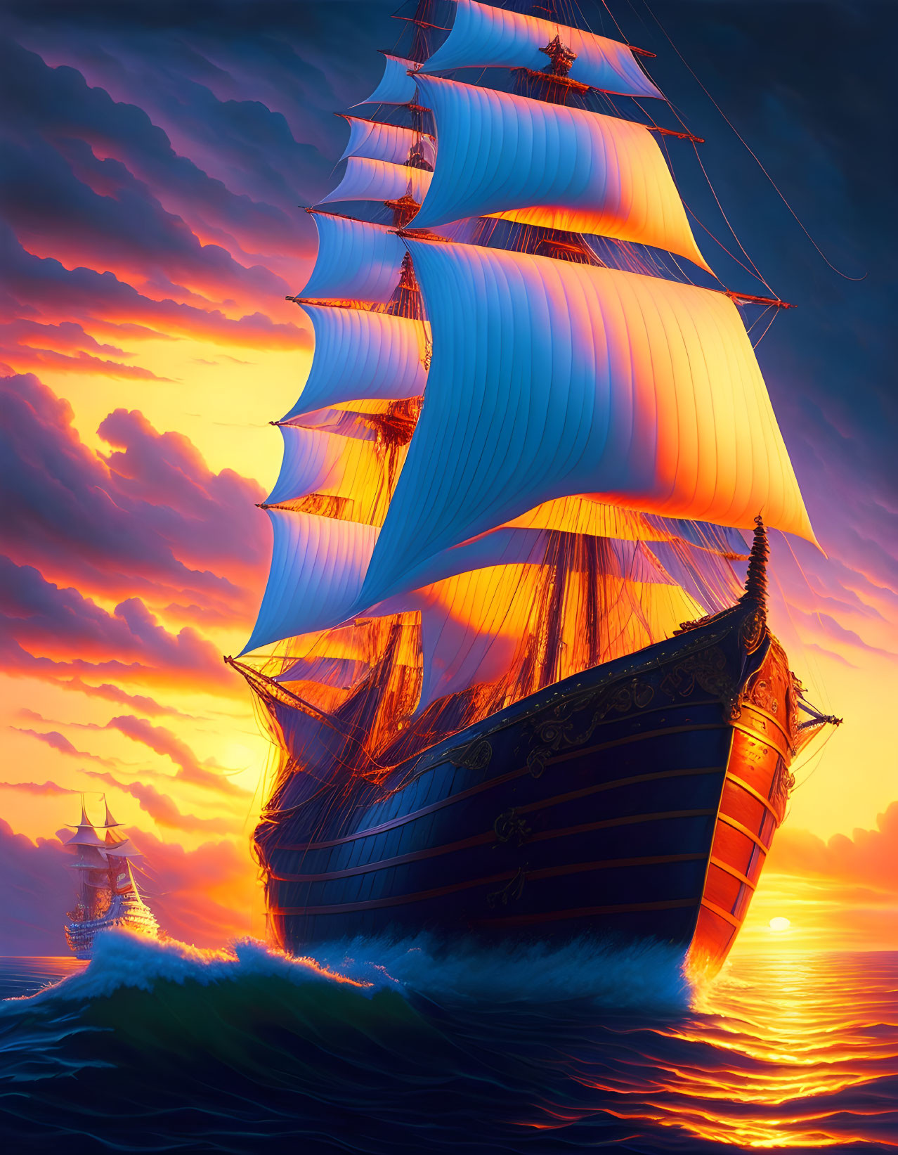 Majestic sailing ship with billowing white sails at sunset on vibrant sea