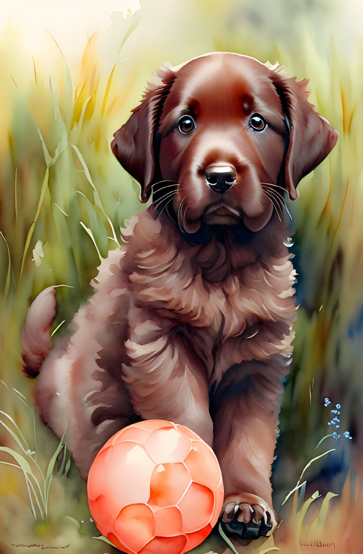 Brown puppy with shiny coat next to pink soccer ball in grassy field