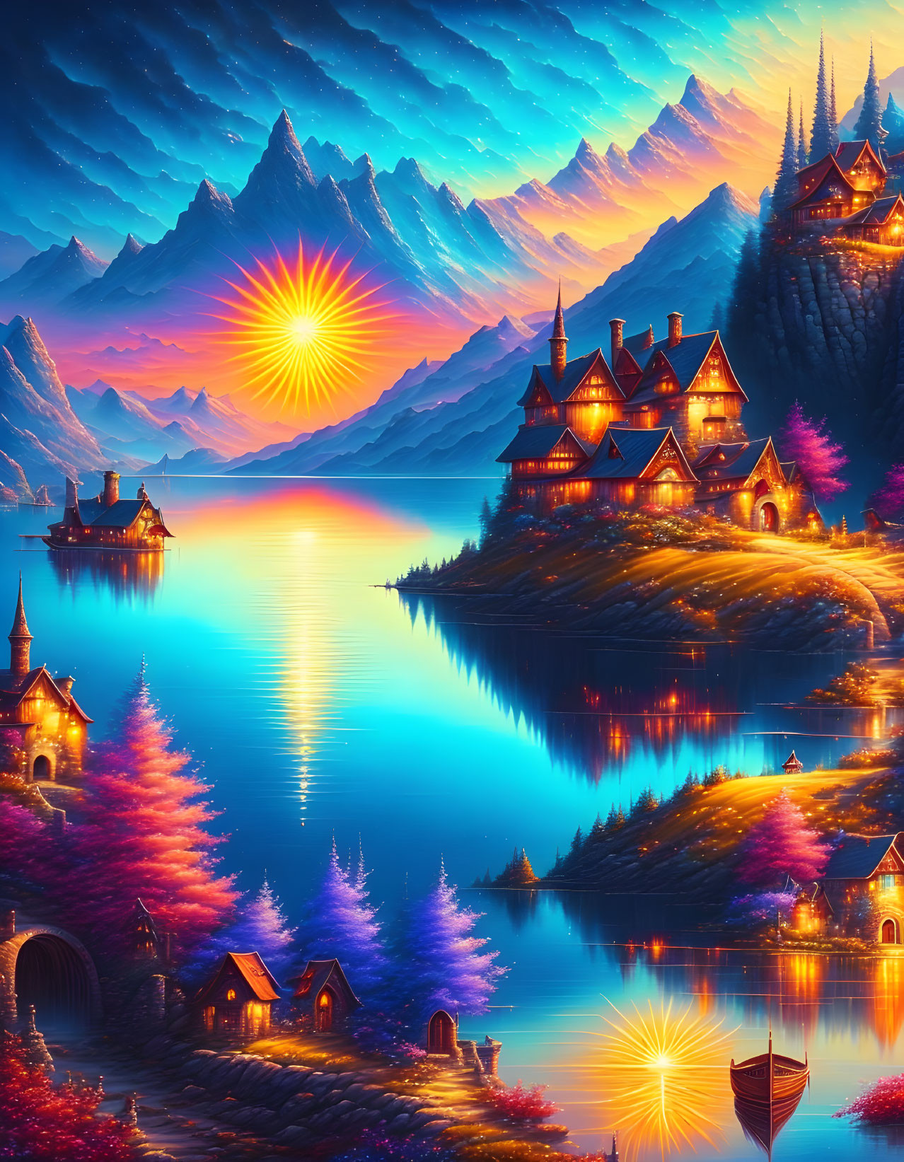 Colorful Fantasy Landscape with Illuminated Houses and Serene Lake