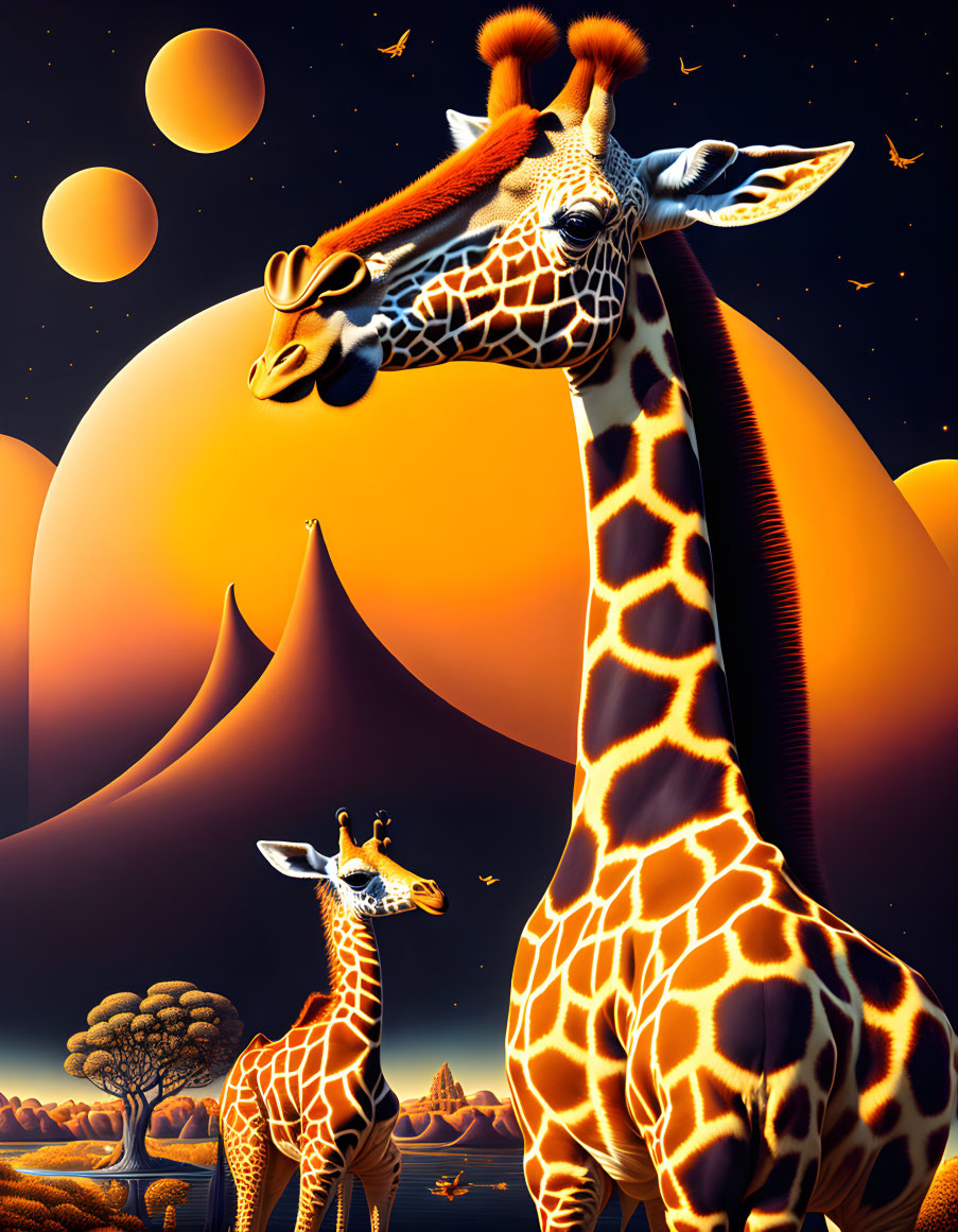 Stylized giraffes with vivid patterns in surreal fantasy landscape