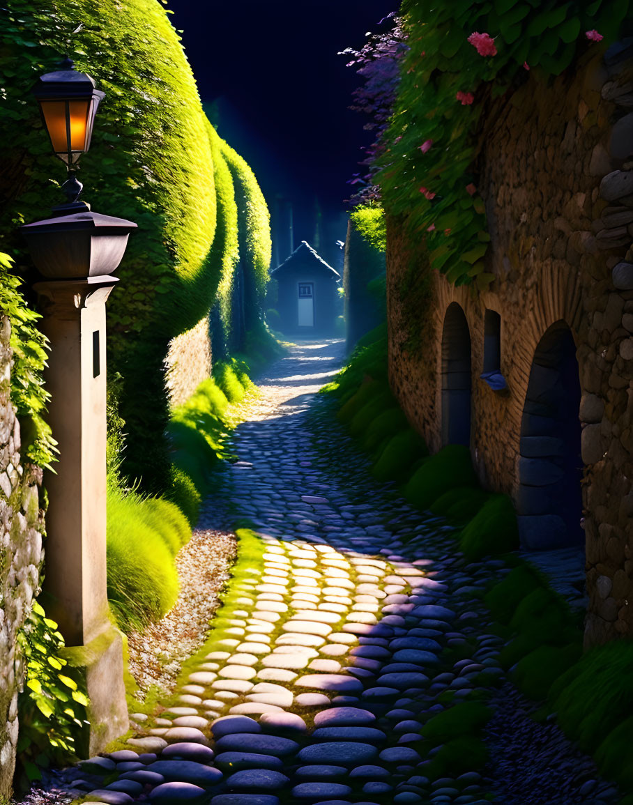 Nighttime cobblestone alley with street lamps, green hedges, and distant house