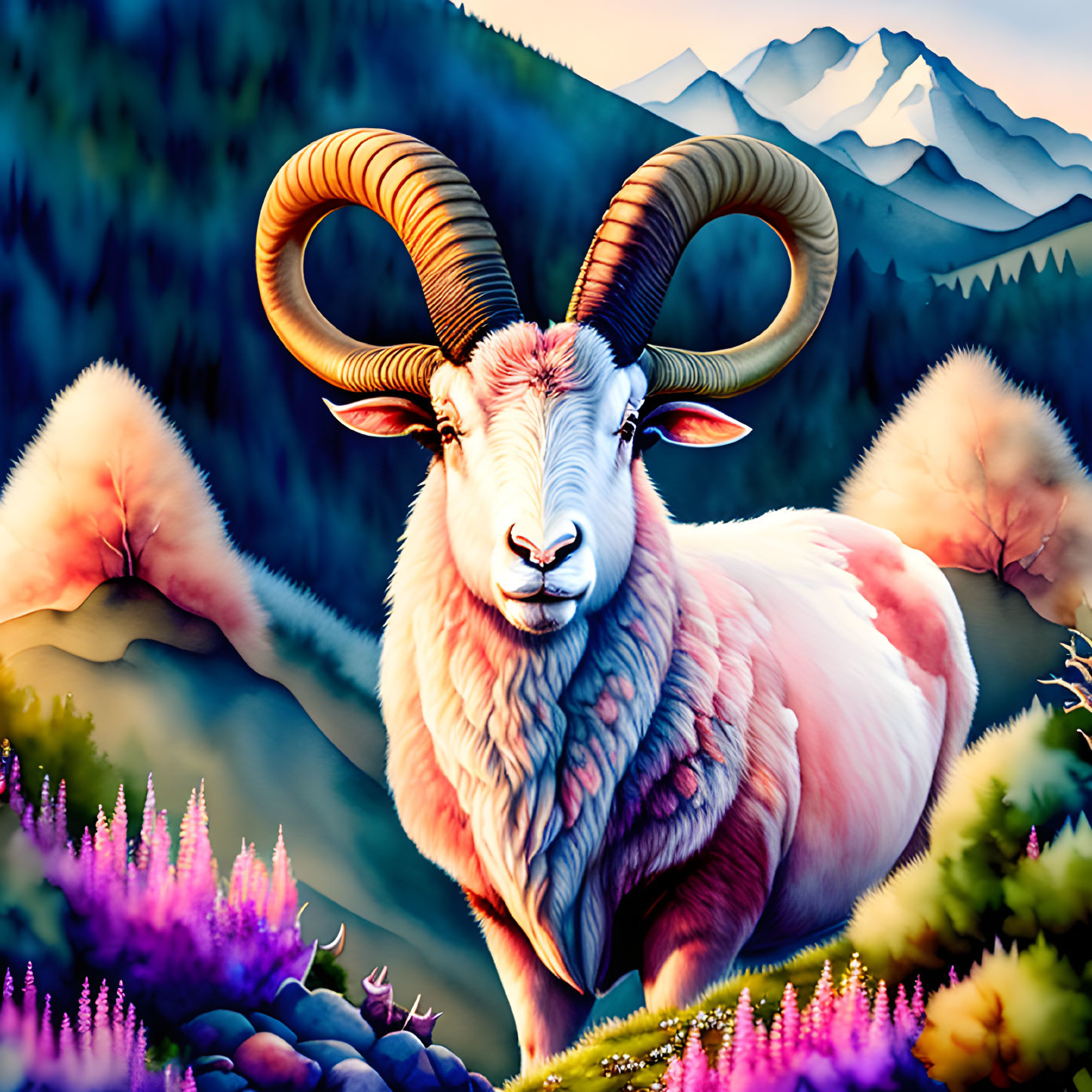 Colorful ram illustration with curled horns in purple flower field.