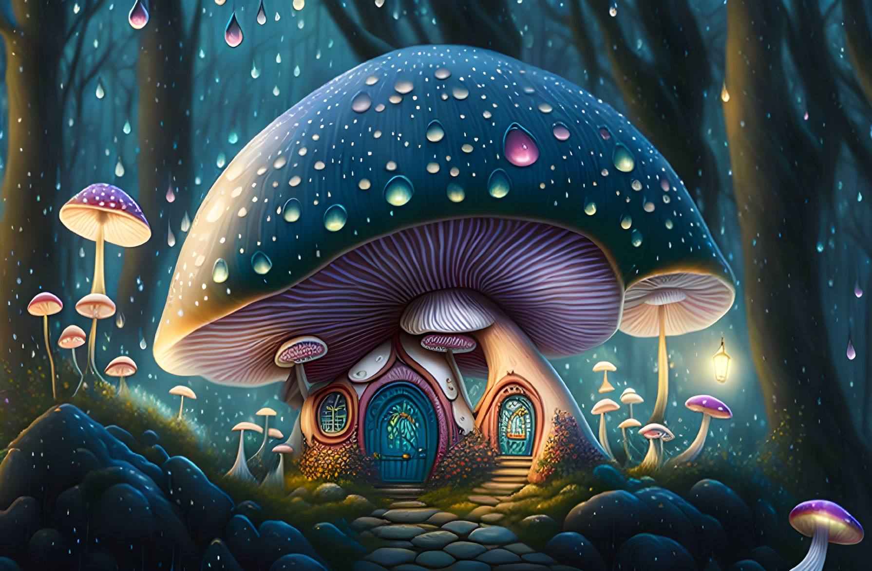 Whimsical mushroom house in mystical forest rain shower