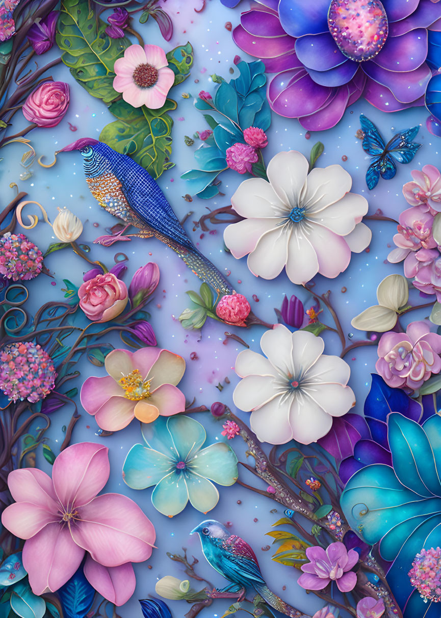 Colorful Floral and Wildlife Illustration with Peacock Feather