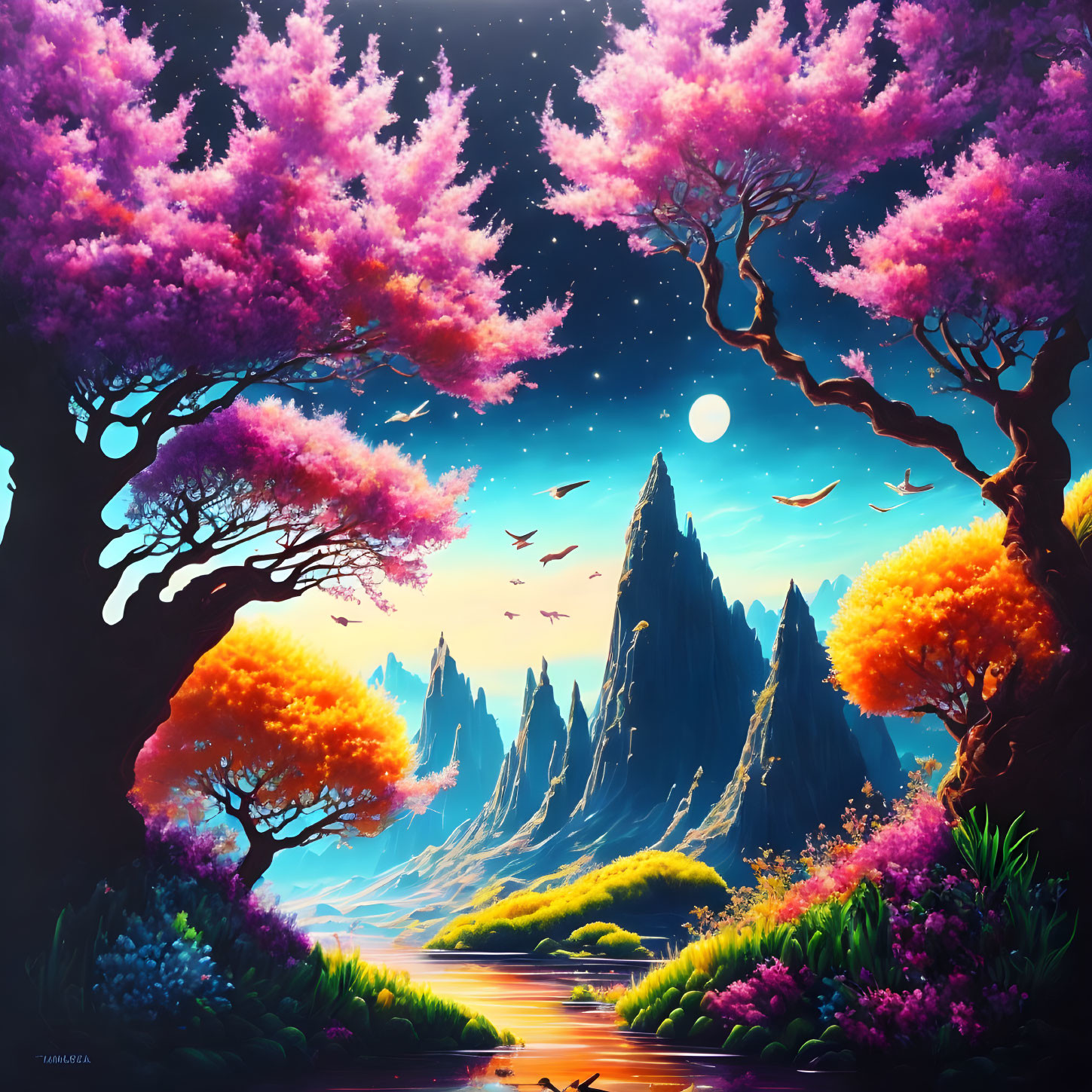 Fantasy landscape with cherry blossoms, river, colorful flora, and mountain under twilight sky