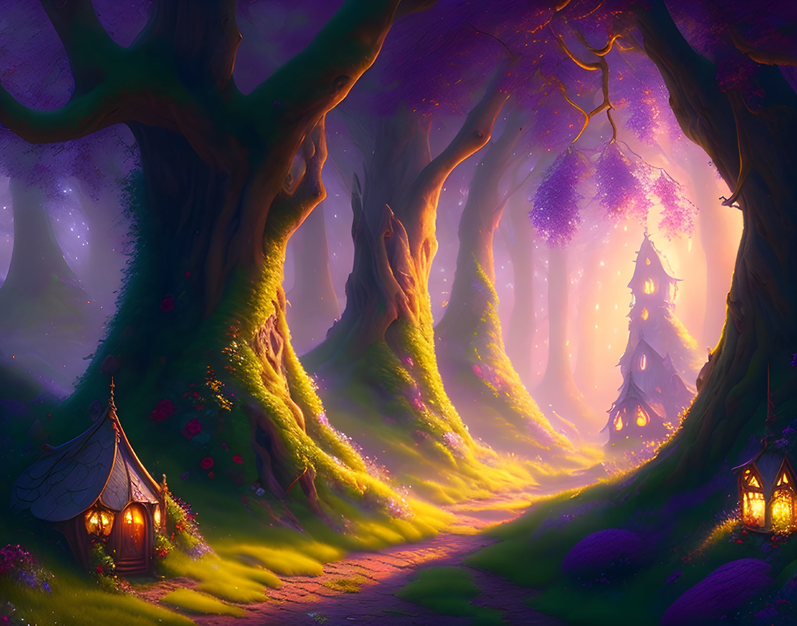 Enchanting forest scene with twisted trees, glowing path, tent, and lanterns