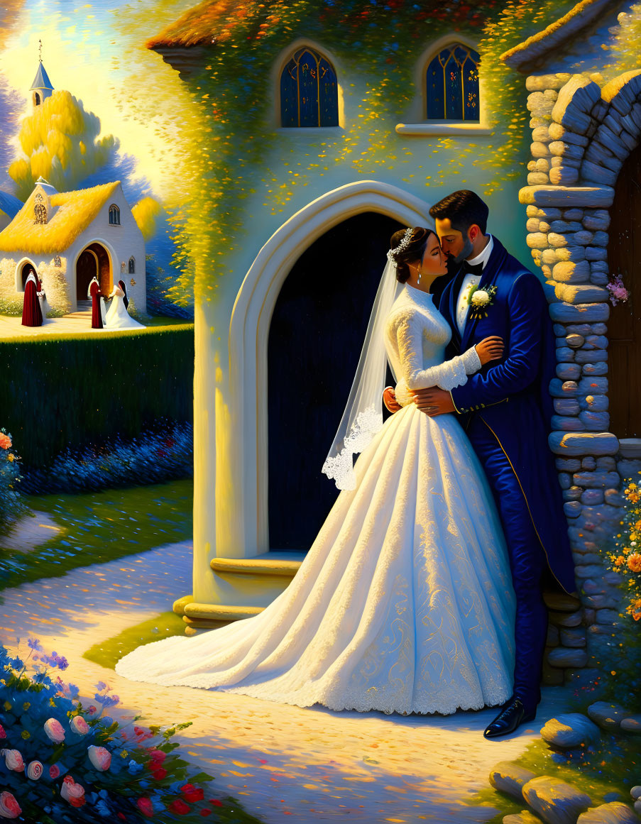 Bride and groom embracing outside chapel at dusk