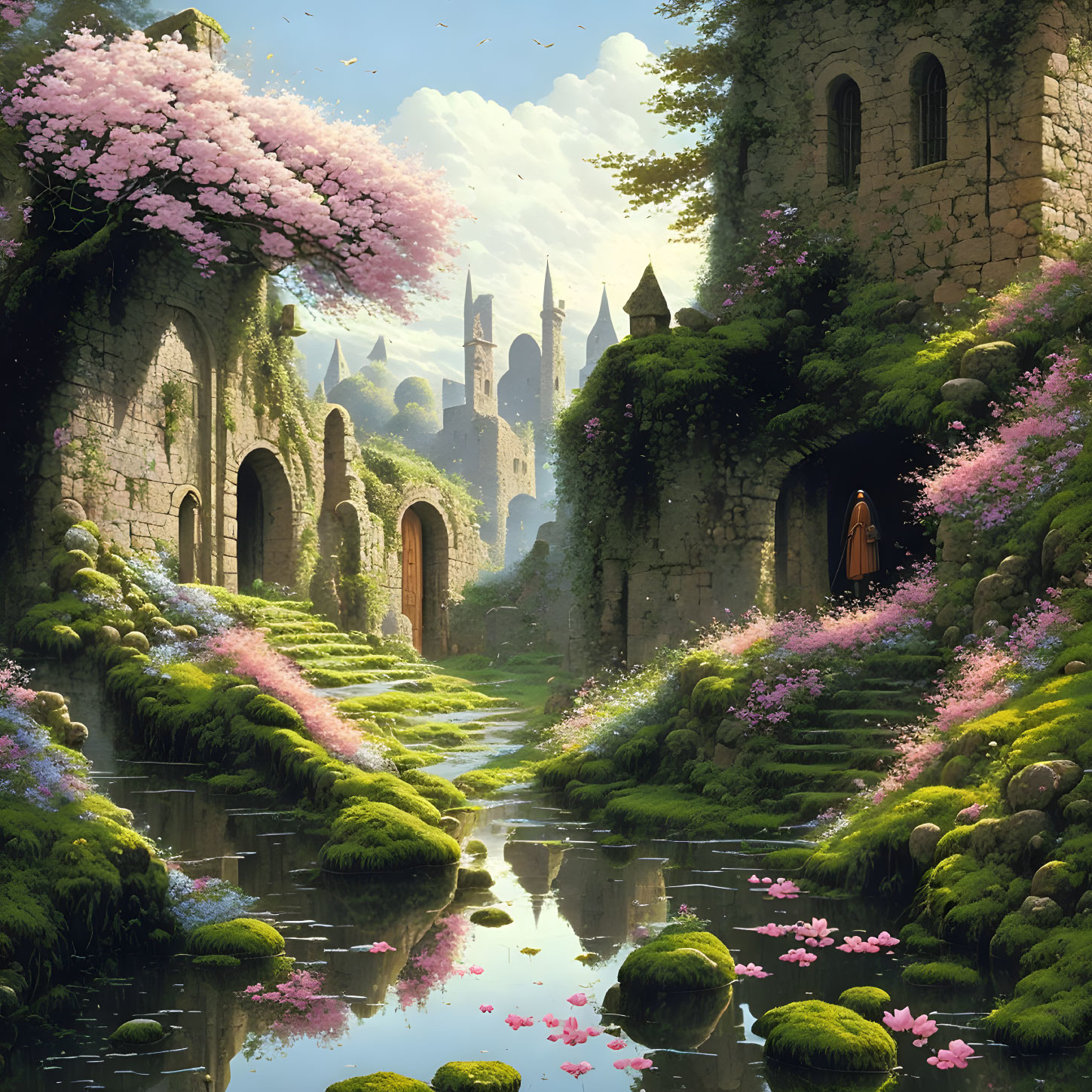 Serene fantasy landscape with ancient castle, lush greenery, calm river, and figure at arched