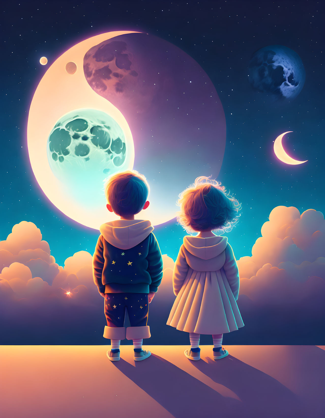 Children observing oversized celestial bodies in whimsical night sky