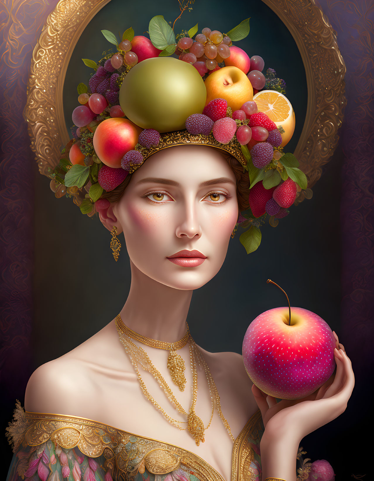 Woman in fruit-adorned headdress holding oversized pink apple