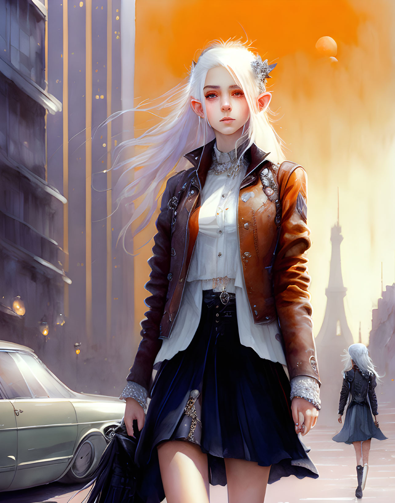 White-haired female elf in modern clothes in futuristic cityscape