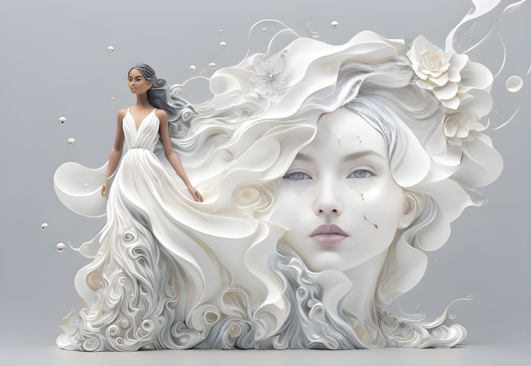 Woman in white dress emerging from ethereal face with flowers and swirls