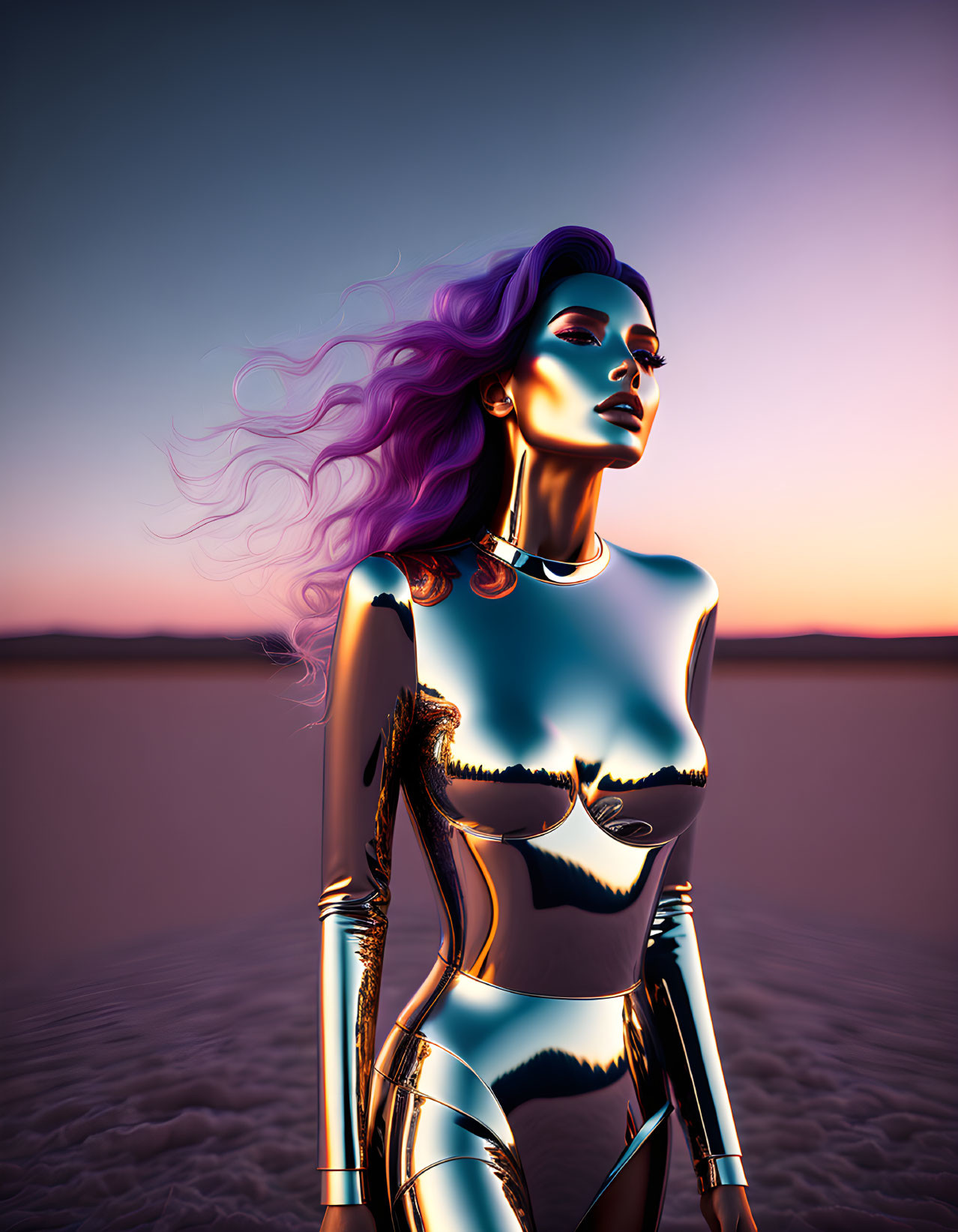 Digital Art: Woman with Purple Hair in Futuristic Clothing against Dusky Sky