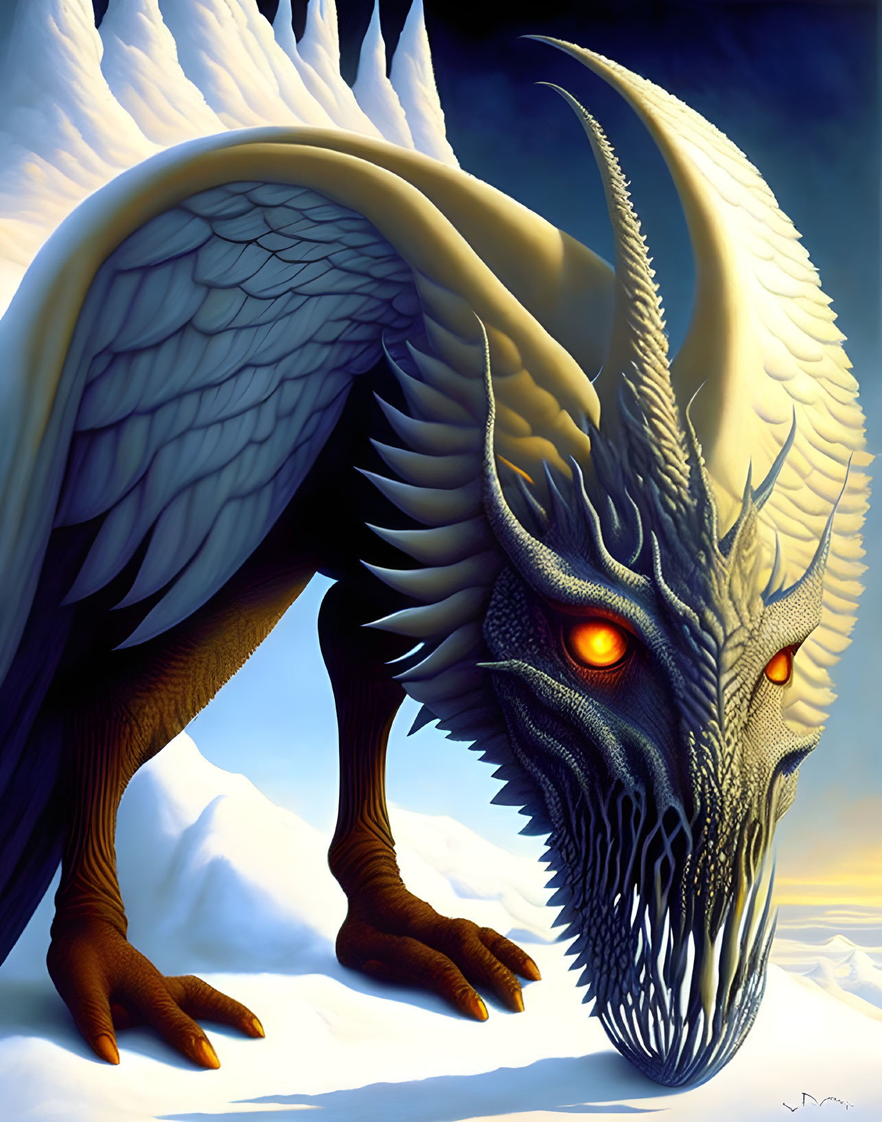 White-scaled dragon with red eyes on snowy mountain