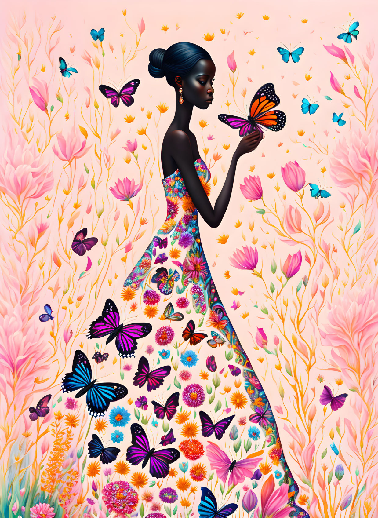 Woman in floral dress surrounded by garden and butterflies