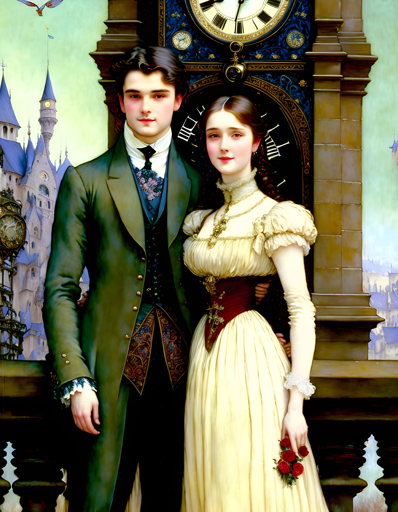 Vintage dressed-up couple in front of ornate clock and castle-like architecture.